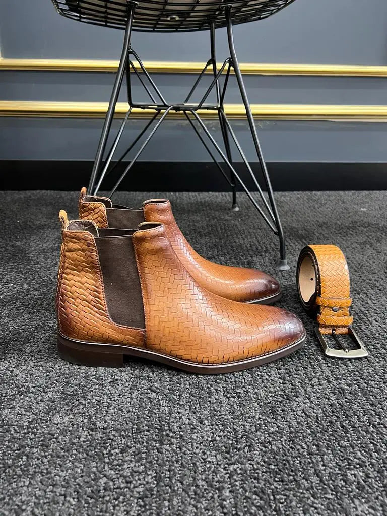 Berton Tan Woven Pattern Chelsea Boots for Men - BRABION