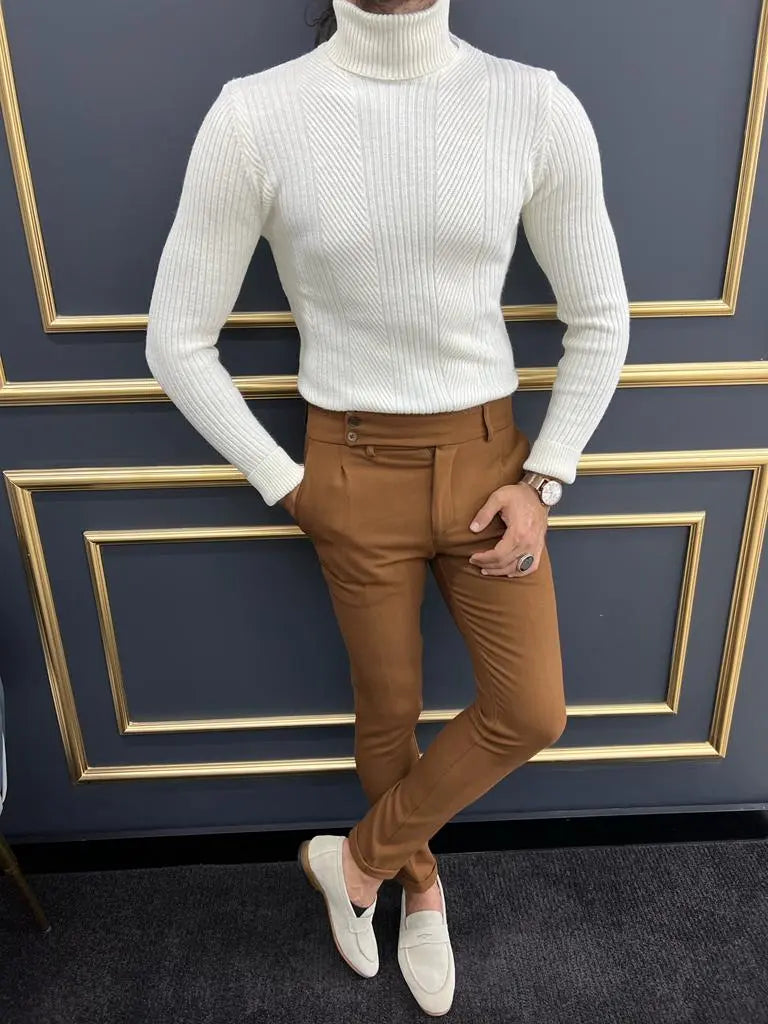 Berton White Slim Fit Turtleneck Striped Sweater - BRABION