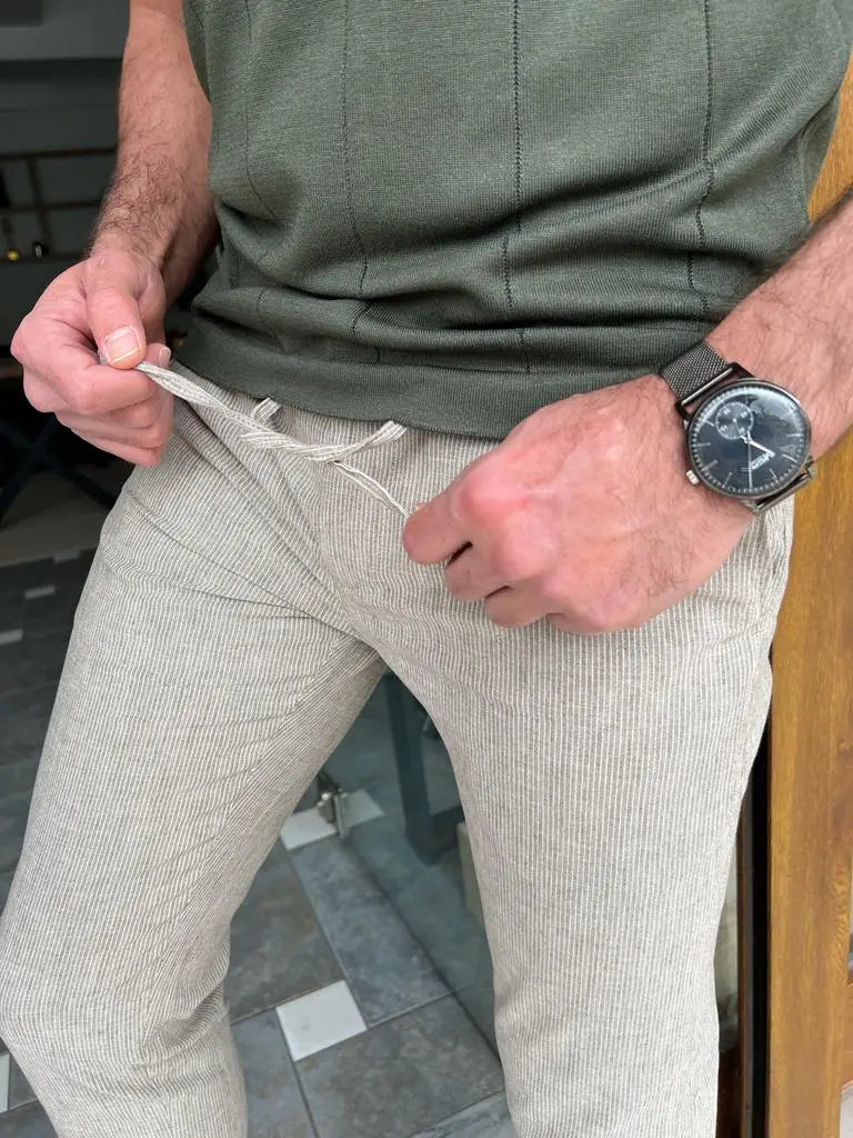 Tampa Beige Slim Fit Linen Laced Pants - BRABION
