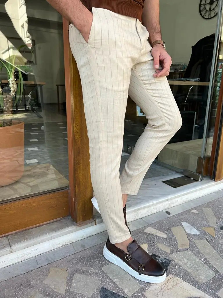 Tampa Beige Slim Fit Pinstripe Linen Pants - BRABION
