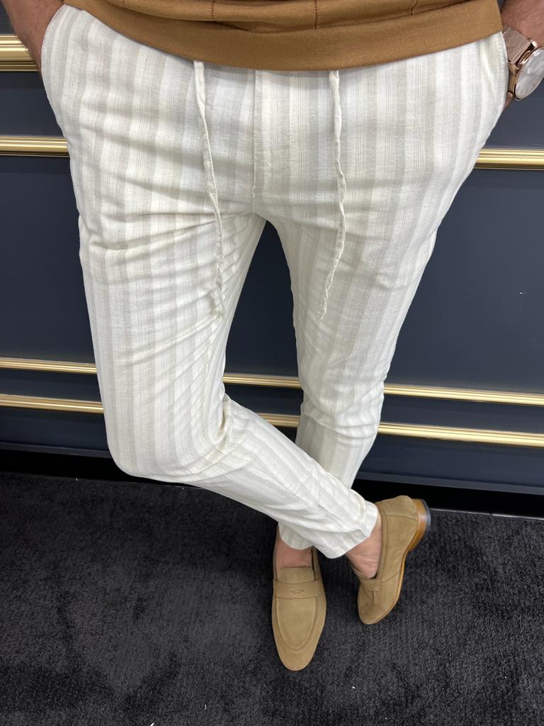 Tampa Beige Slim Fit Striped Laced Pants - The Perfect Blend of Comfort and Style