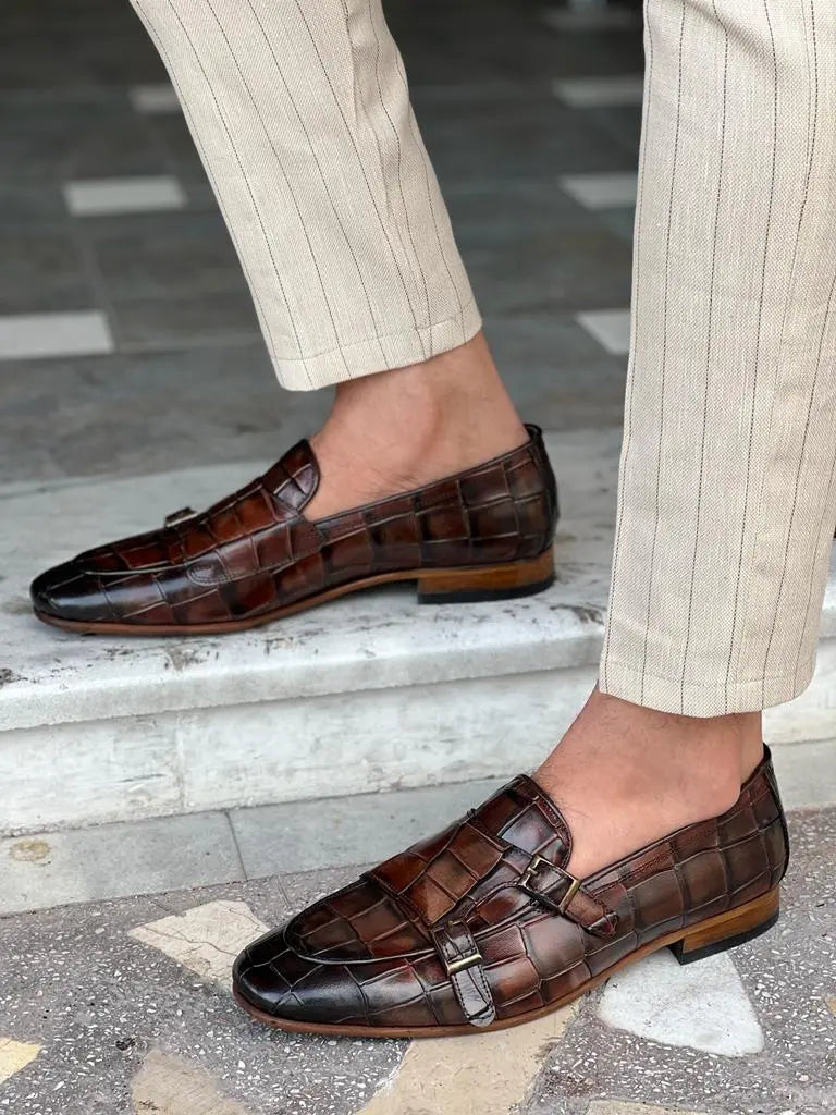 Tampa Brown Crocodile Pattern Monk Strap Loafers - BRABION