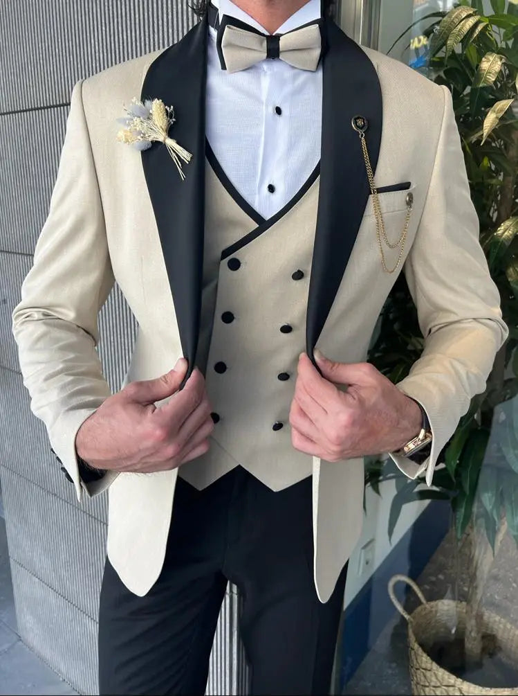 Bensen Slim Fit Mono Collared Beige Groom Suit - BRABION