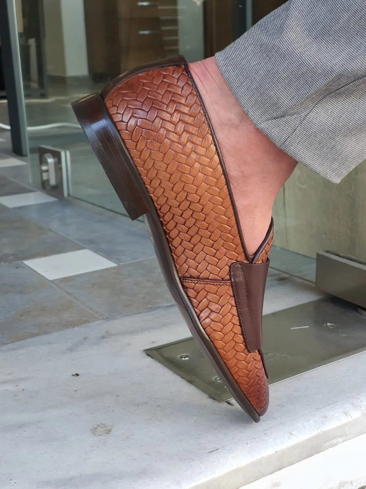 Bristol Tan Woven Leather Double Monk Strap Loafers - BRABION