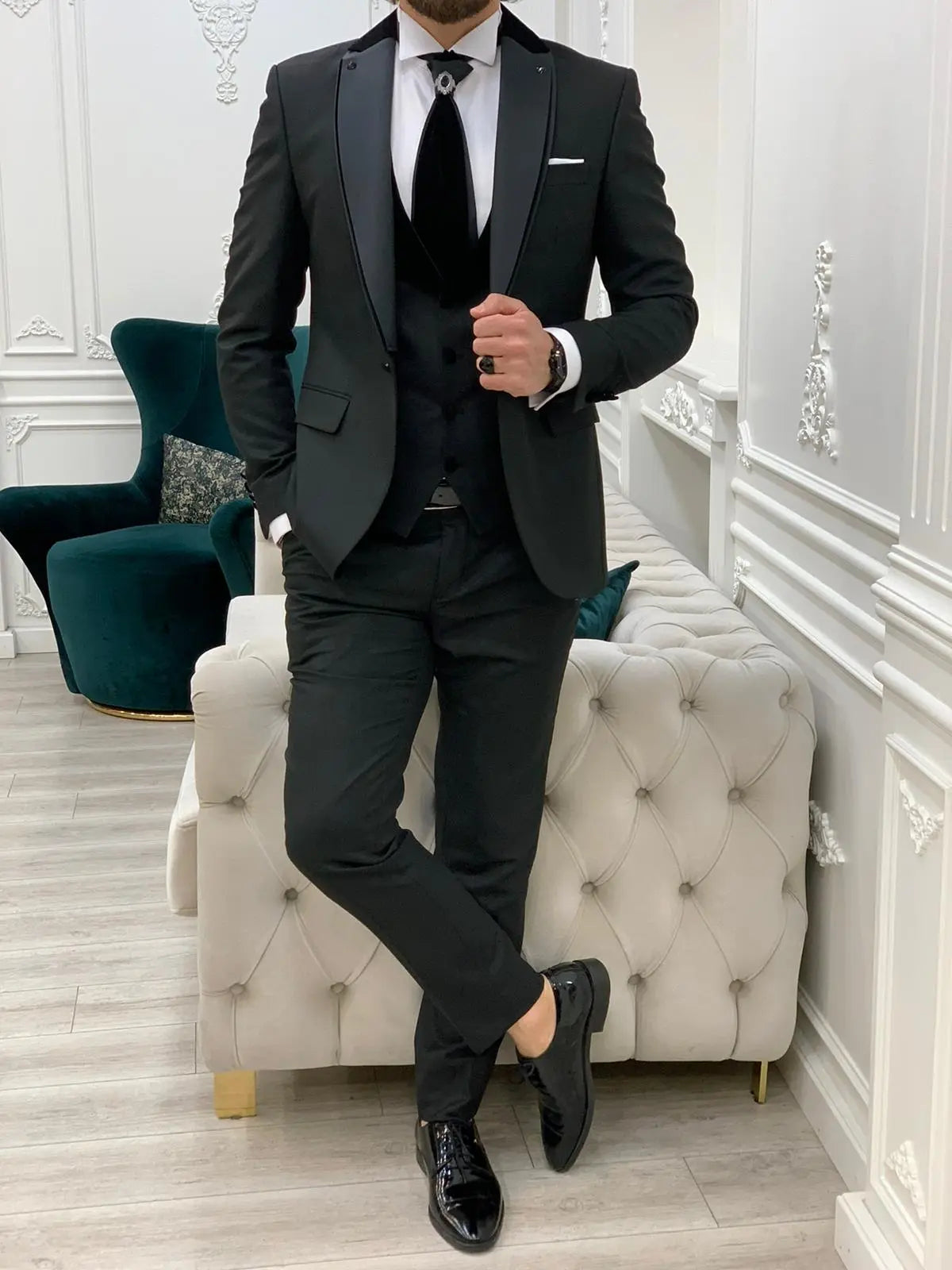 Forte Black Slim Fit Notch Lapel Wedding Suit - BRABION
