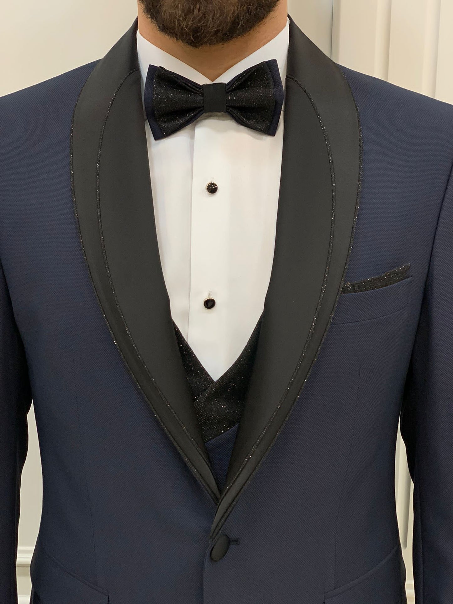 Eden Navy Blue Slim Fit Glitter Shawl Lapel Tuxedo