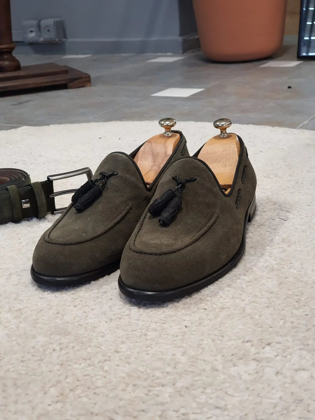 Bristol Khaki Suede Tassel Loafers - BRABION