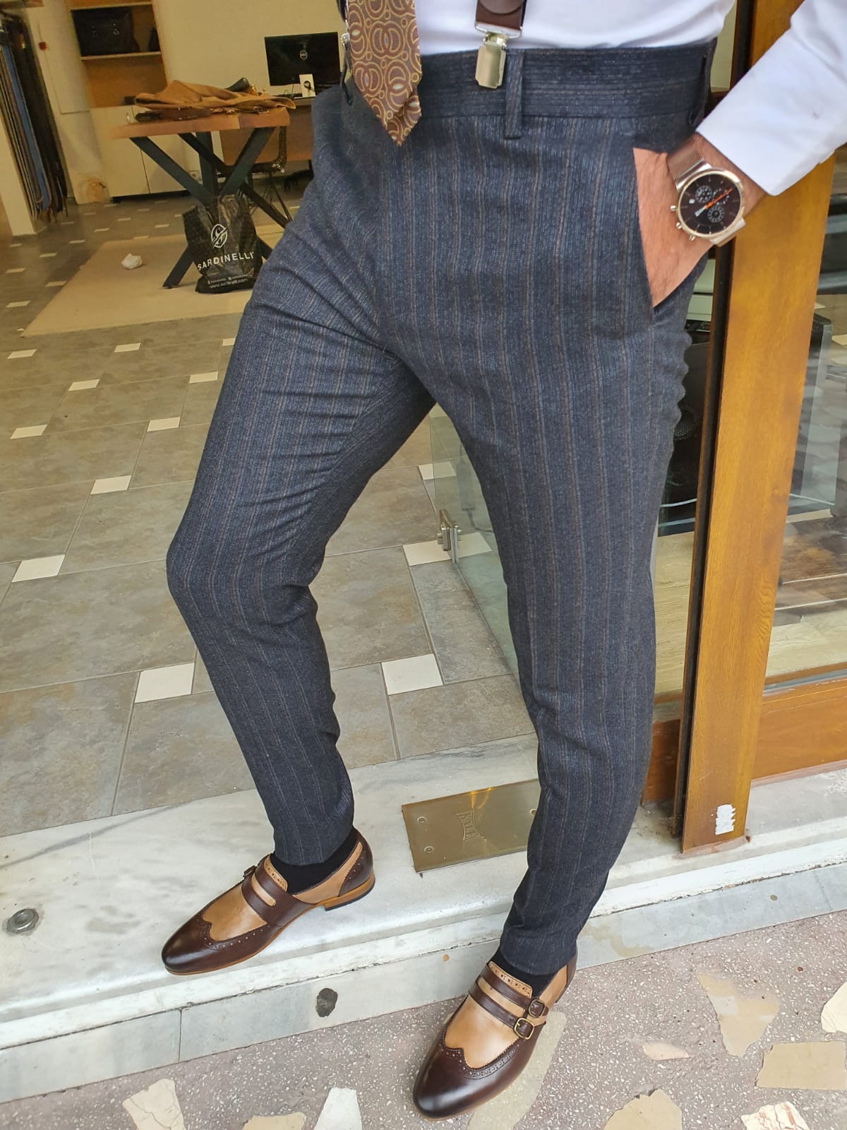 Lazio Dark Blue Slim Fit Striped Pants