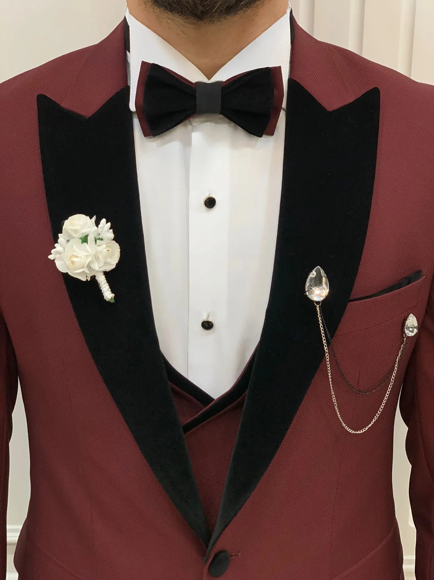 Eden Burgundy Slim Fit Velvet Peak Lapel Tuxedo - BRABION