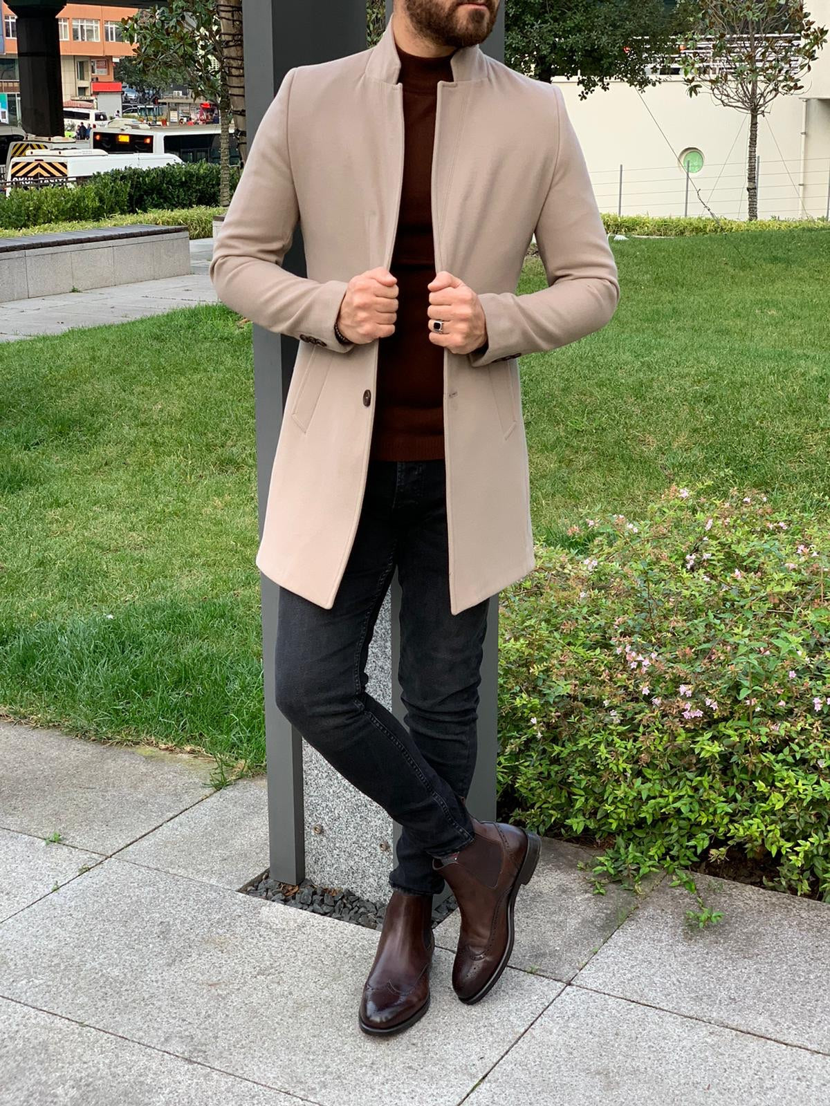 Kenzie Beige Slim Fit Wool Long Coat - Elegance Meets Comfort