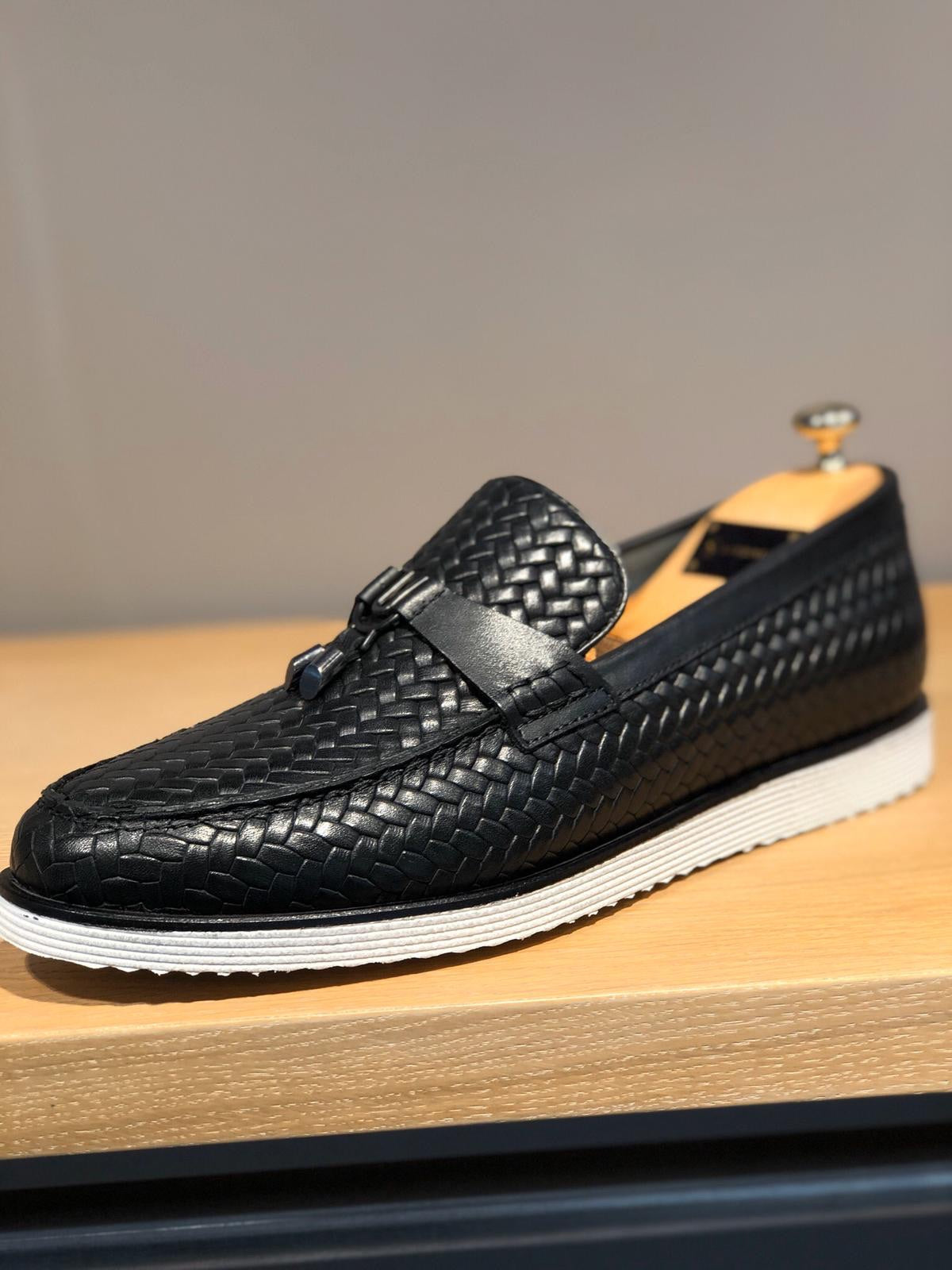 Odessa Black Woven Leather Tassel Loafer