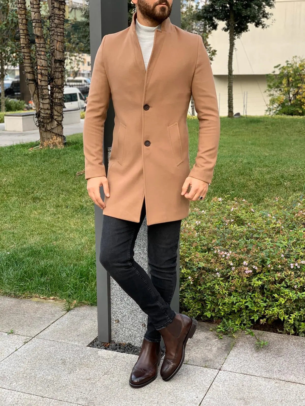 Kenzie Brown Slim Fit Wool Long Coat - BRABION