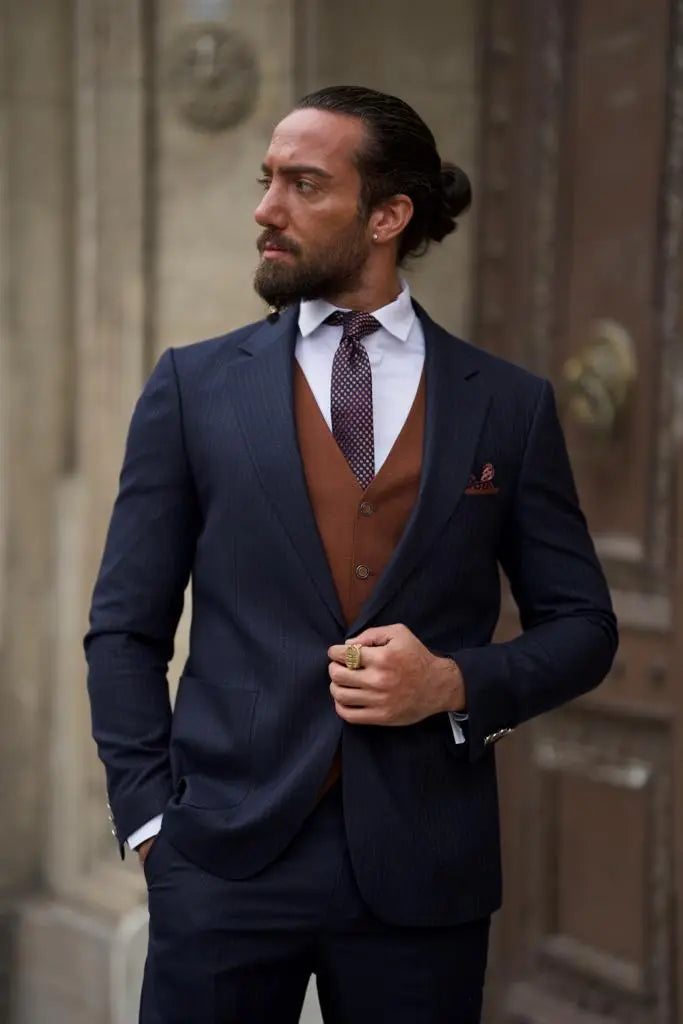Sorento Dark Blue Slim Fit Pinstripe Combination Suit brabion