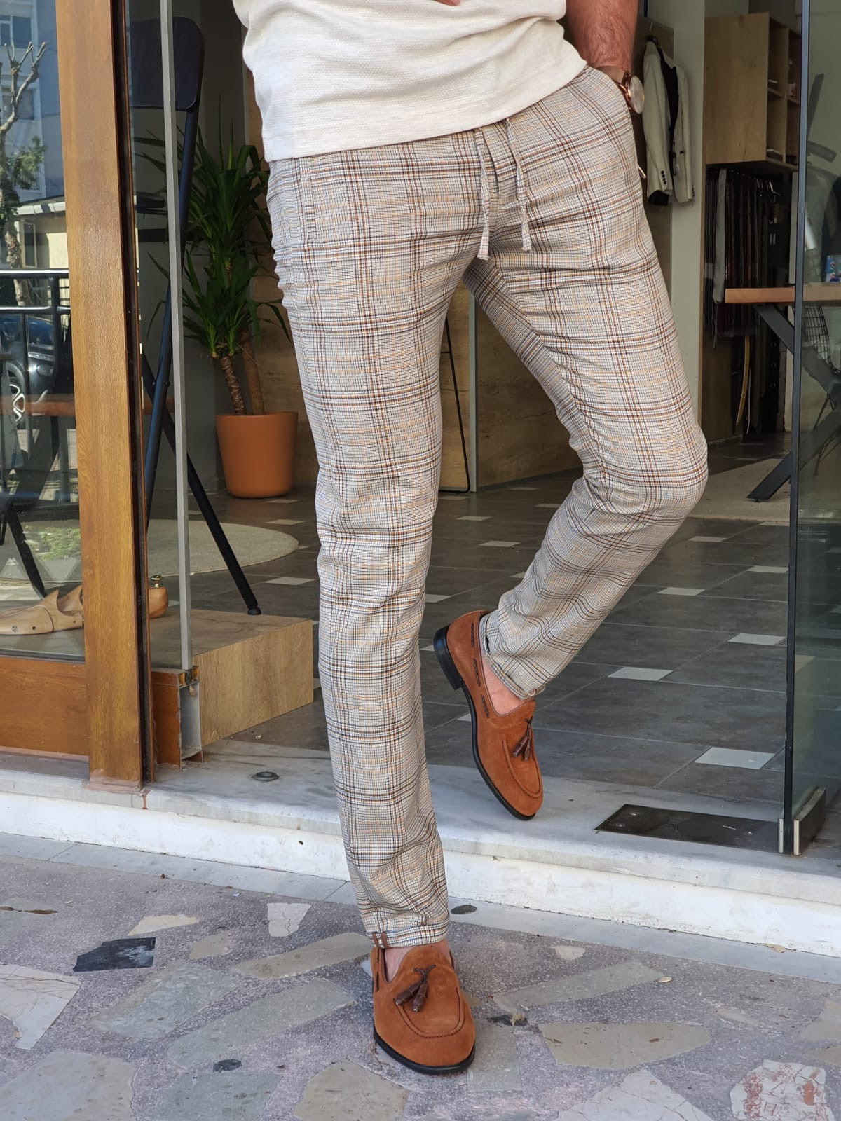 Montreal Brown Slim Fit Plaid Pants: Elegant Versatility for Every Occasion