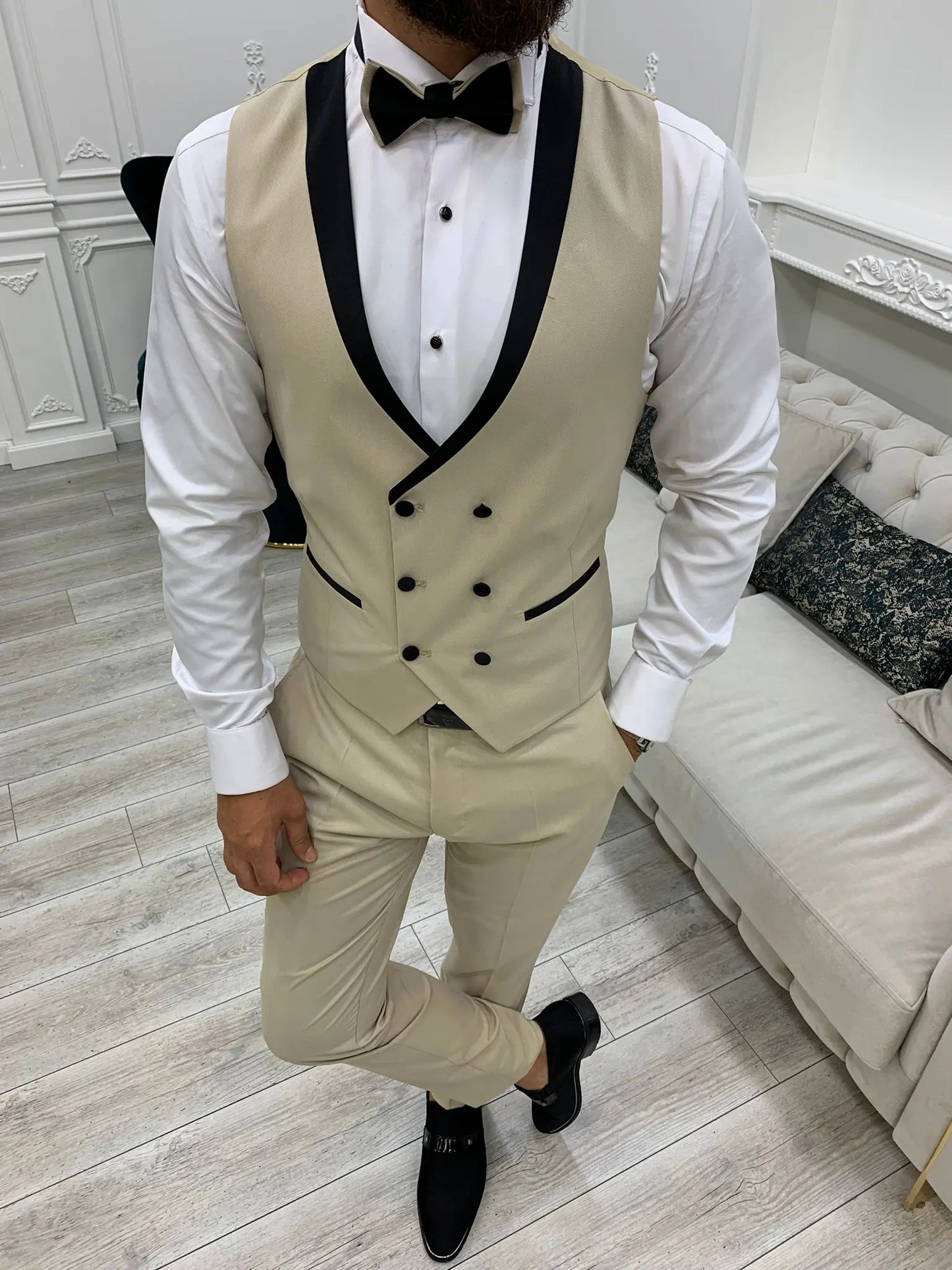 Infinite Beige Slim Fit Shawl Lapel Tuxedo - BRABION