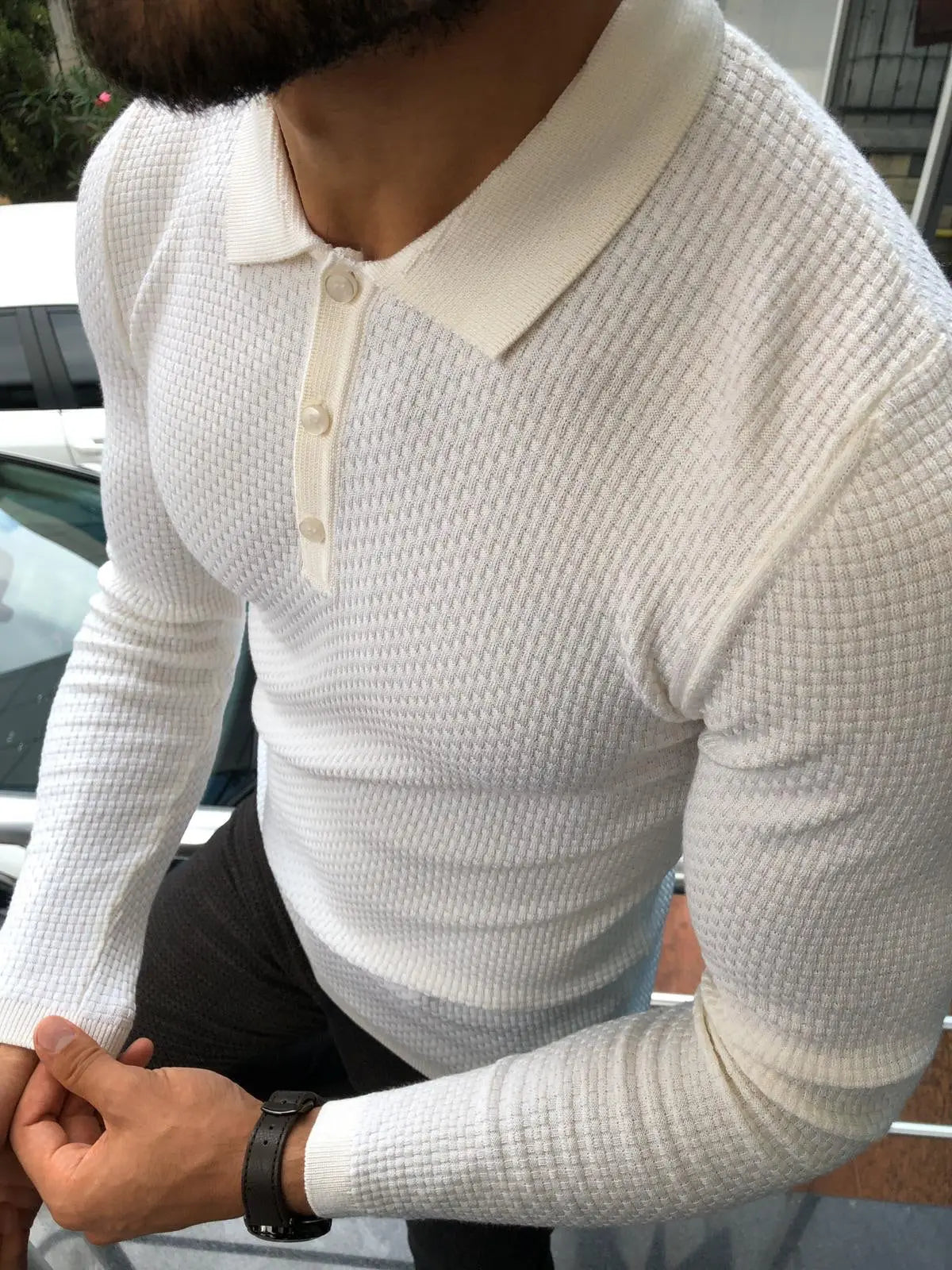 Fabros White Slim Fit Patterned Sweater - BRABION
