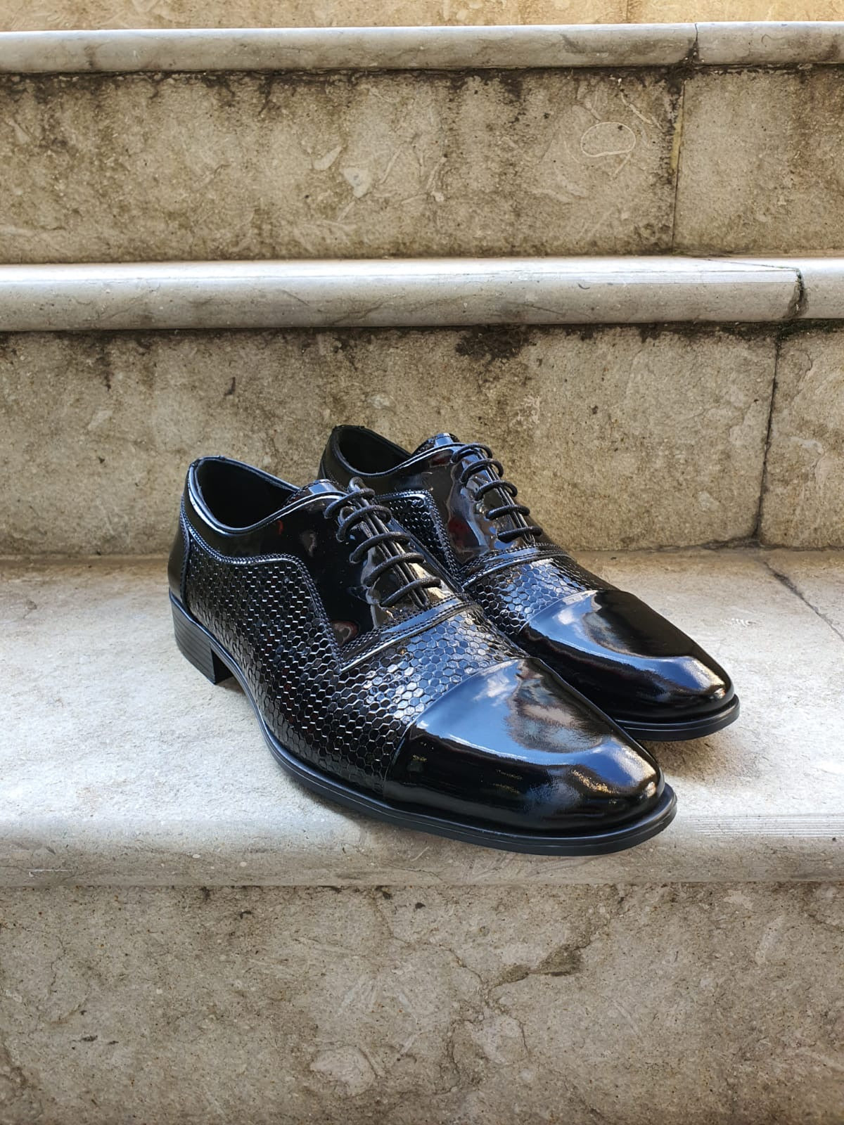 Henderson Black Wholecut Derbies - Navy Blue Patent Leather Elegance
