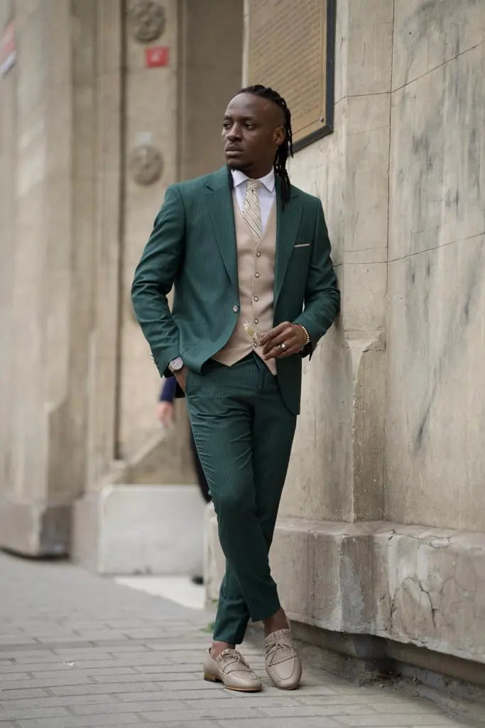 Sorento Green Slim Fit Pinstripe Combination Suit for Men brabion