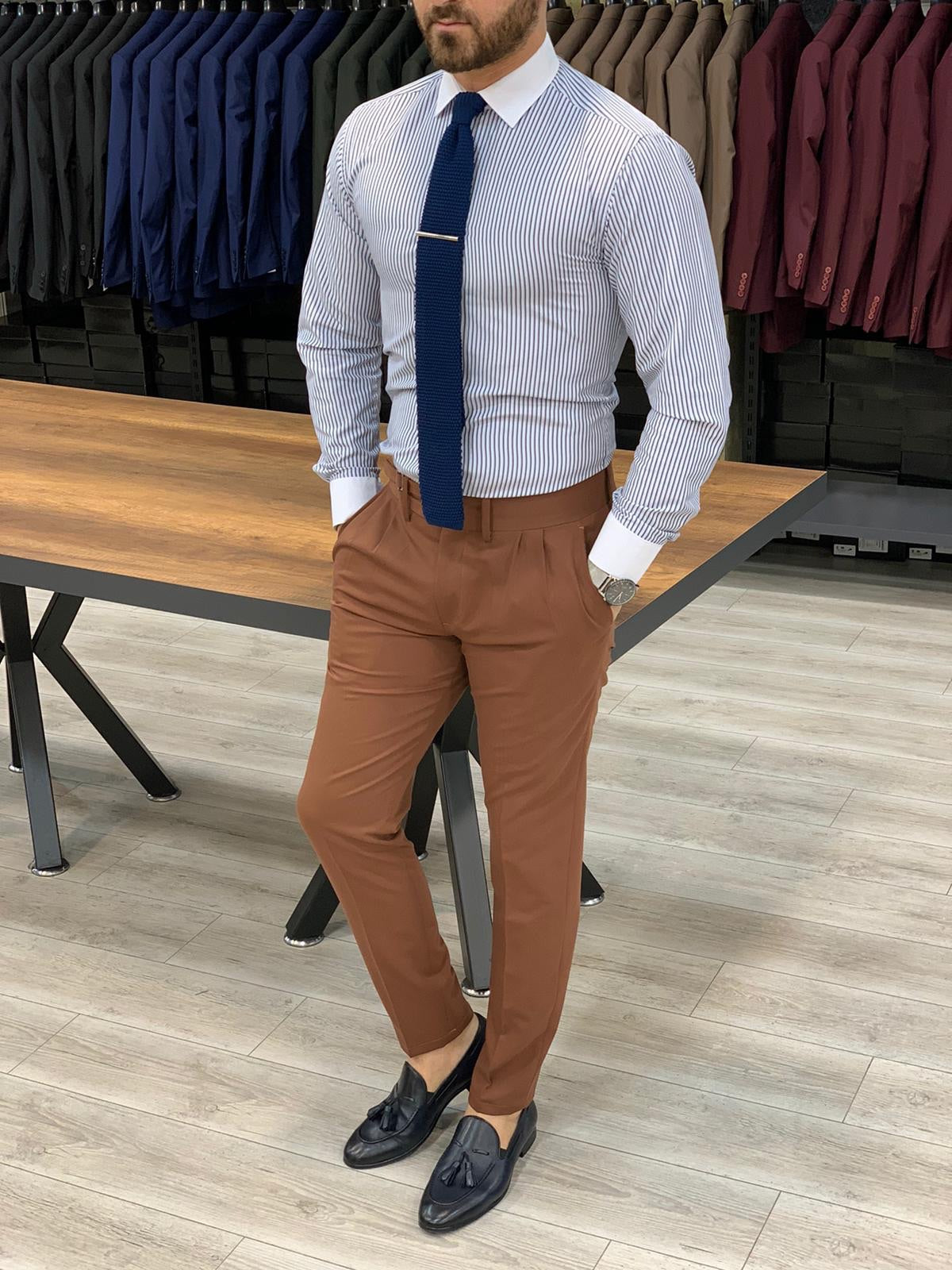 Jake Tile Pleated Buckled Slim Fit Pants