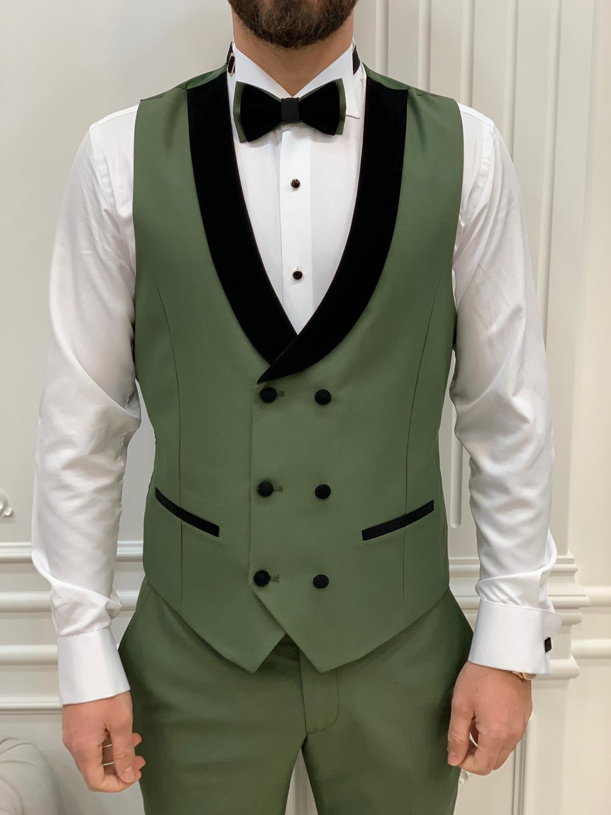 Eden Light Green Slim Fit Velvet Peak Lapel Tuxedo