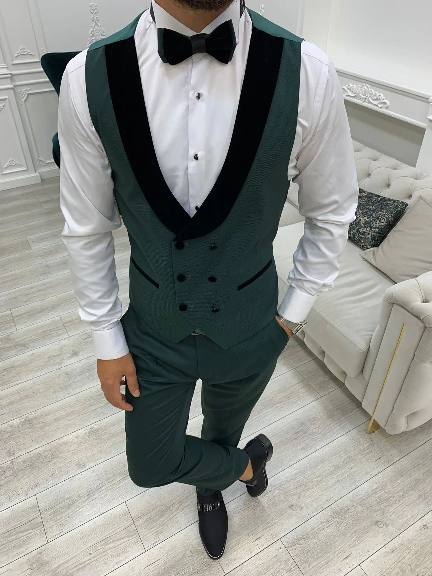 Infinite Green Slim Fit Velvet Peak Lapel Tuxedo - BRABION