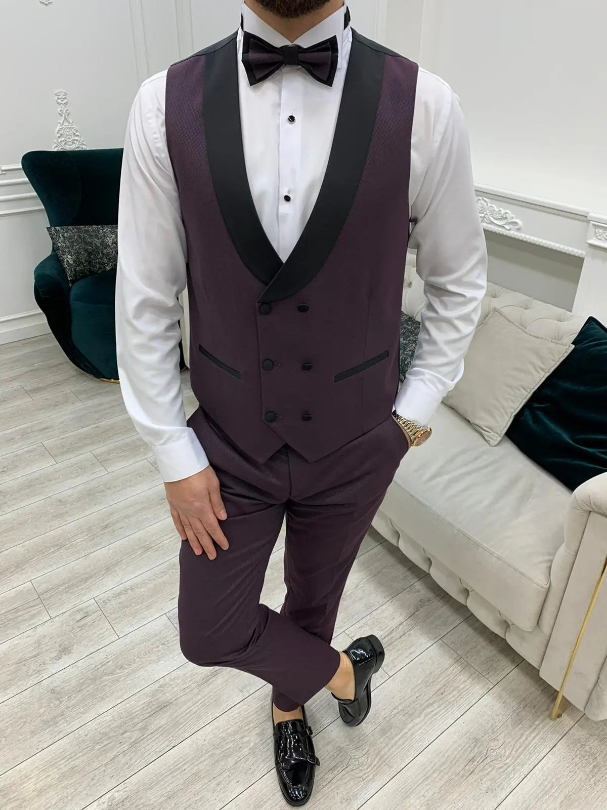 Avion Burgundy Slim Fit Shawl Lapel Tuxedo - BRABION