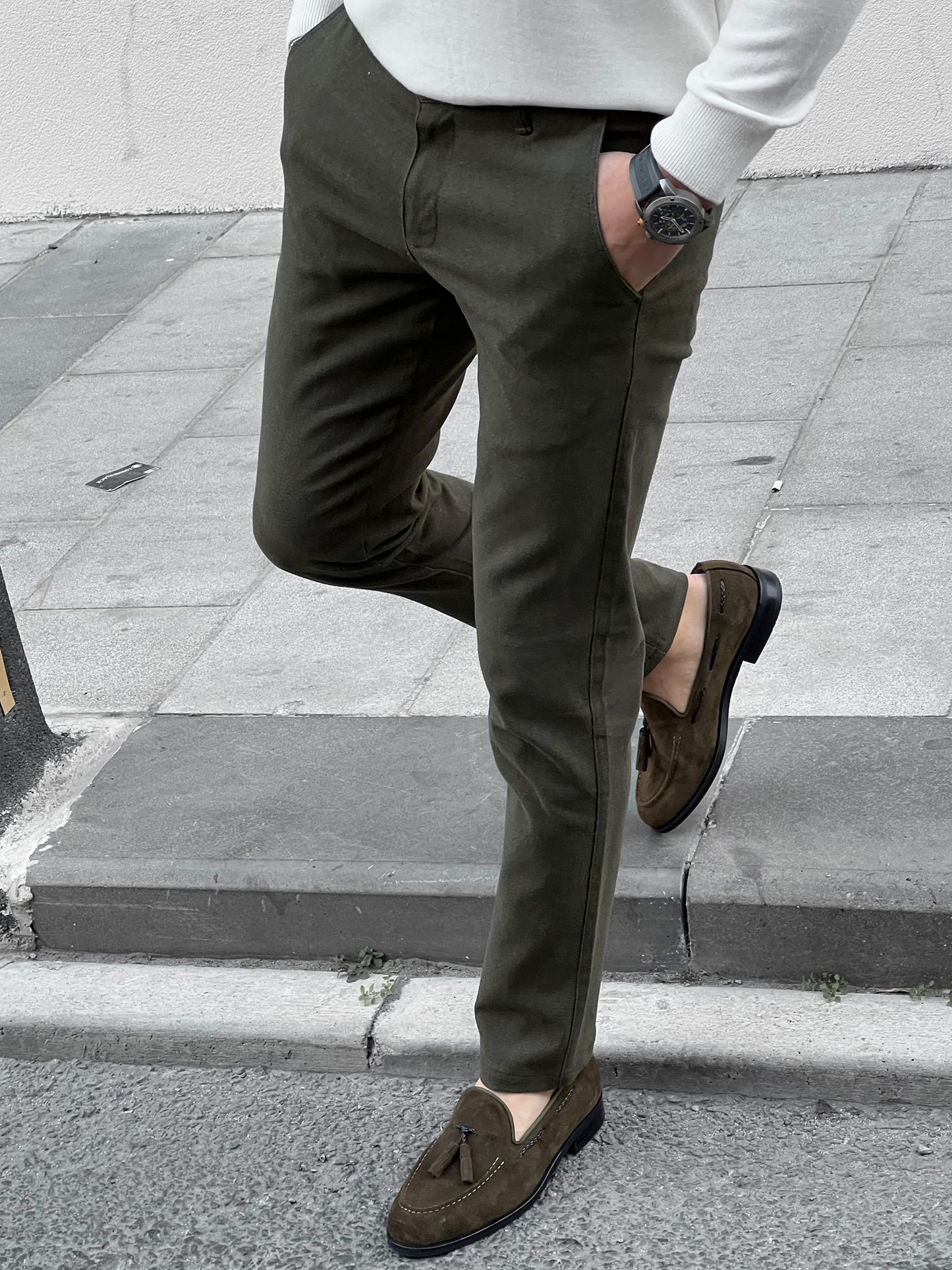 Fabio Khaki Slim Fit Cotton Pants