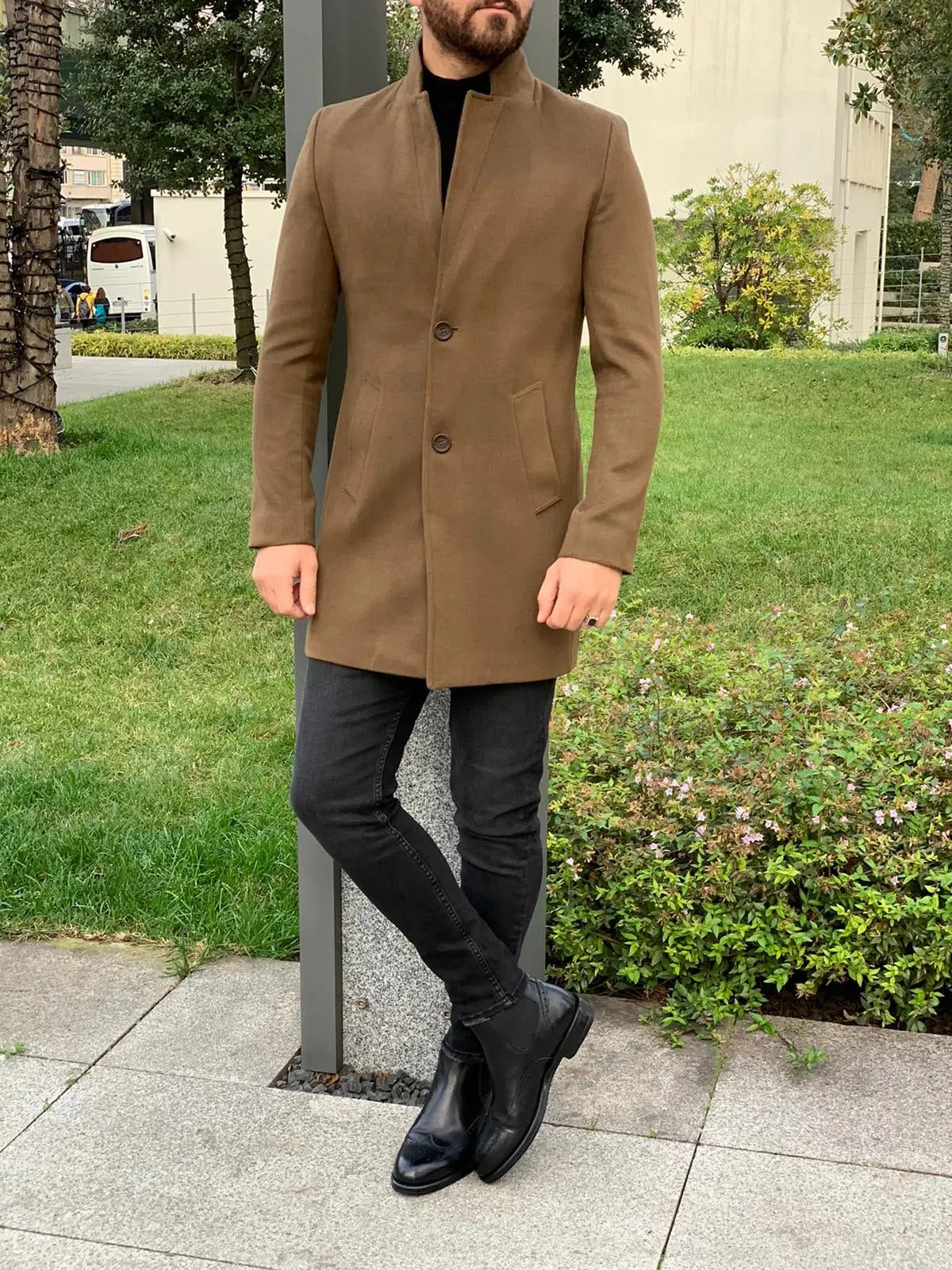 Kenzie Camel Slim Fit Wool Long Coat - BRABION