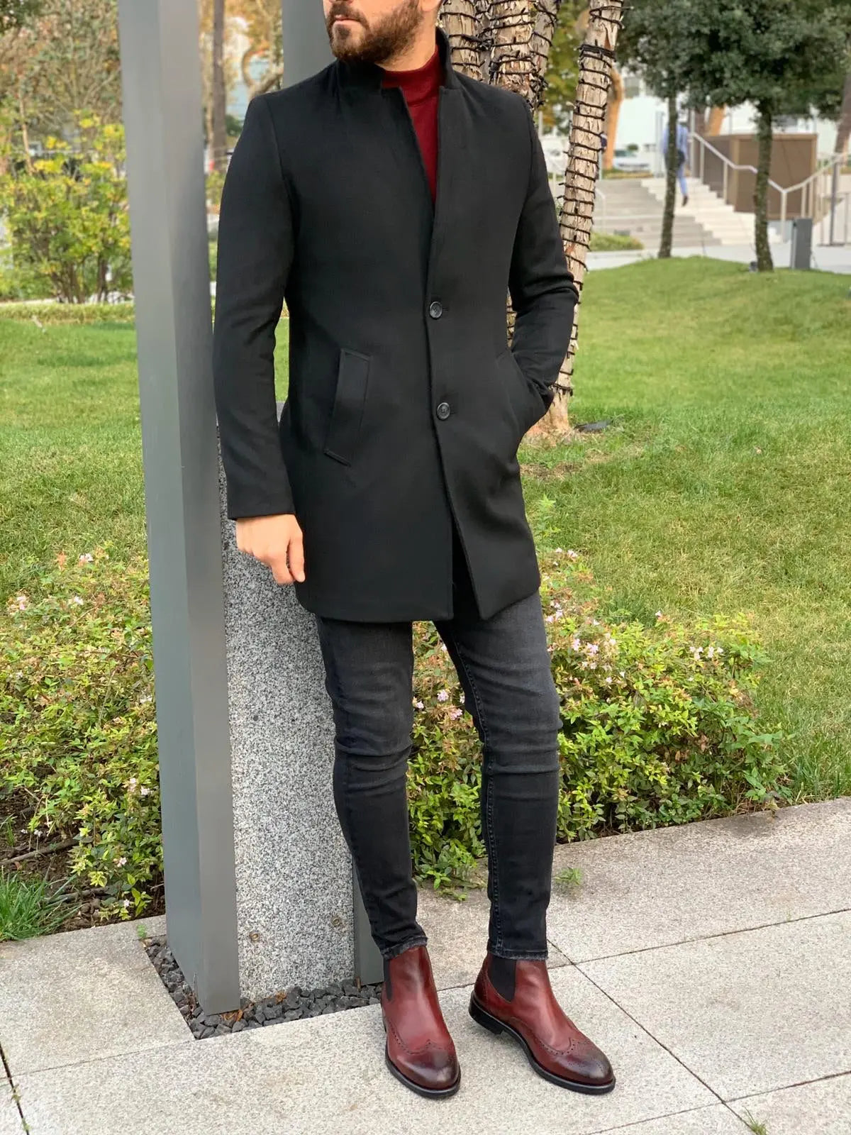 Kenzie Black Slim Fit Wool Long Coat - BRABION