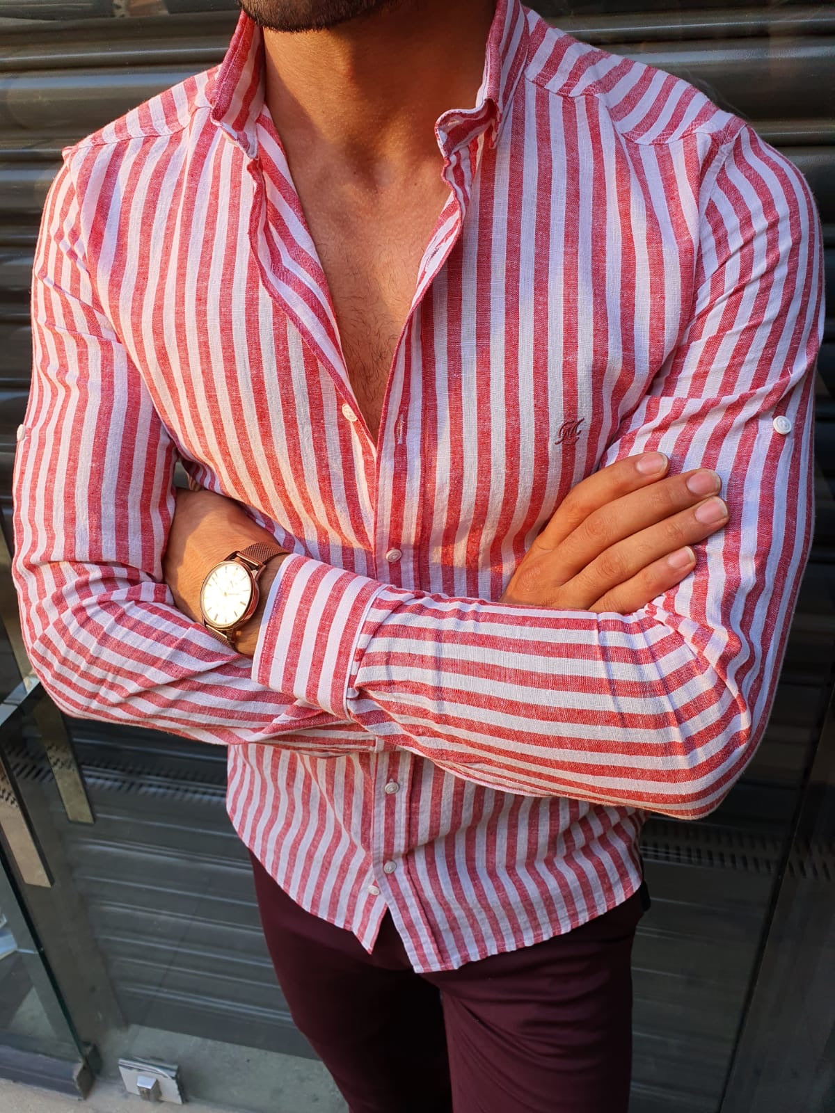 Brabion Stefano Claret Red Striped Slim-Fit Shirt