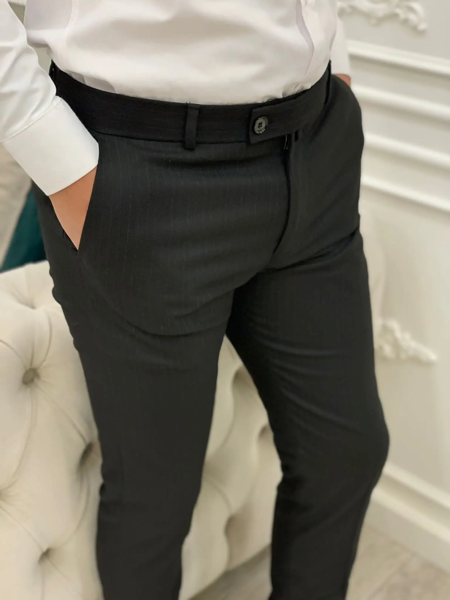 Black Striped Italian Style Slim Fit Trousers - BRABION