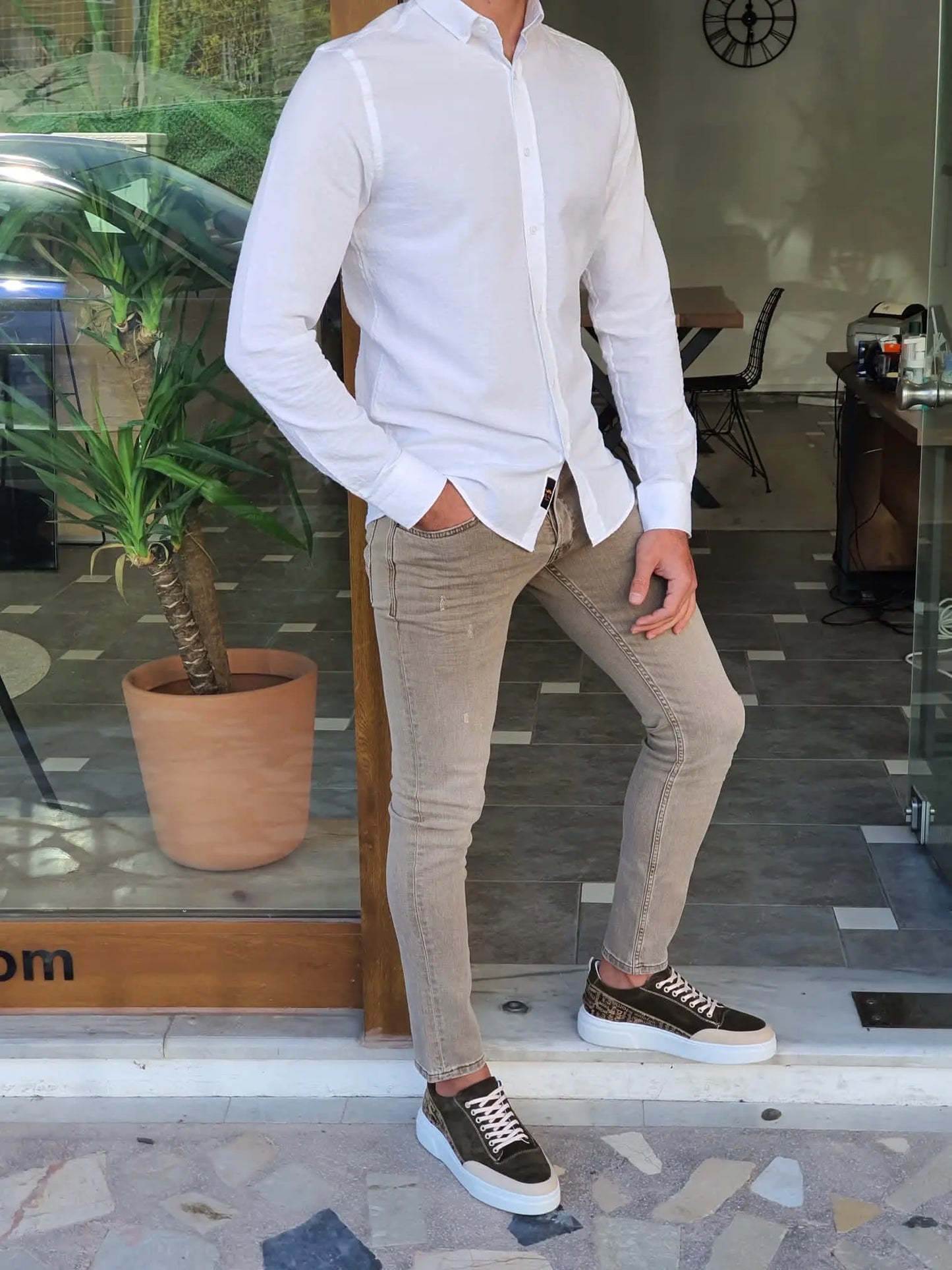 Brabion Aron White Slim Fit Long Sleeve Cotton Shirt - BRABION