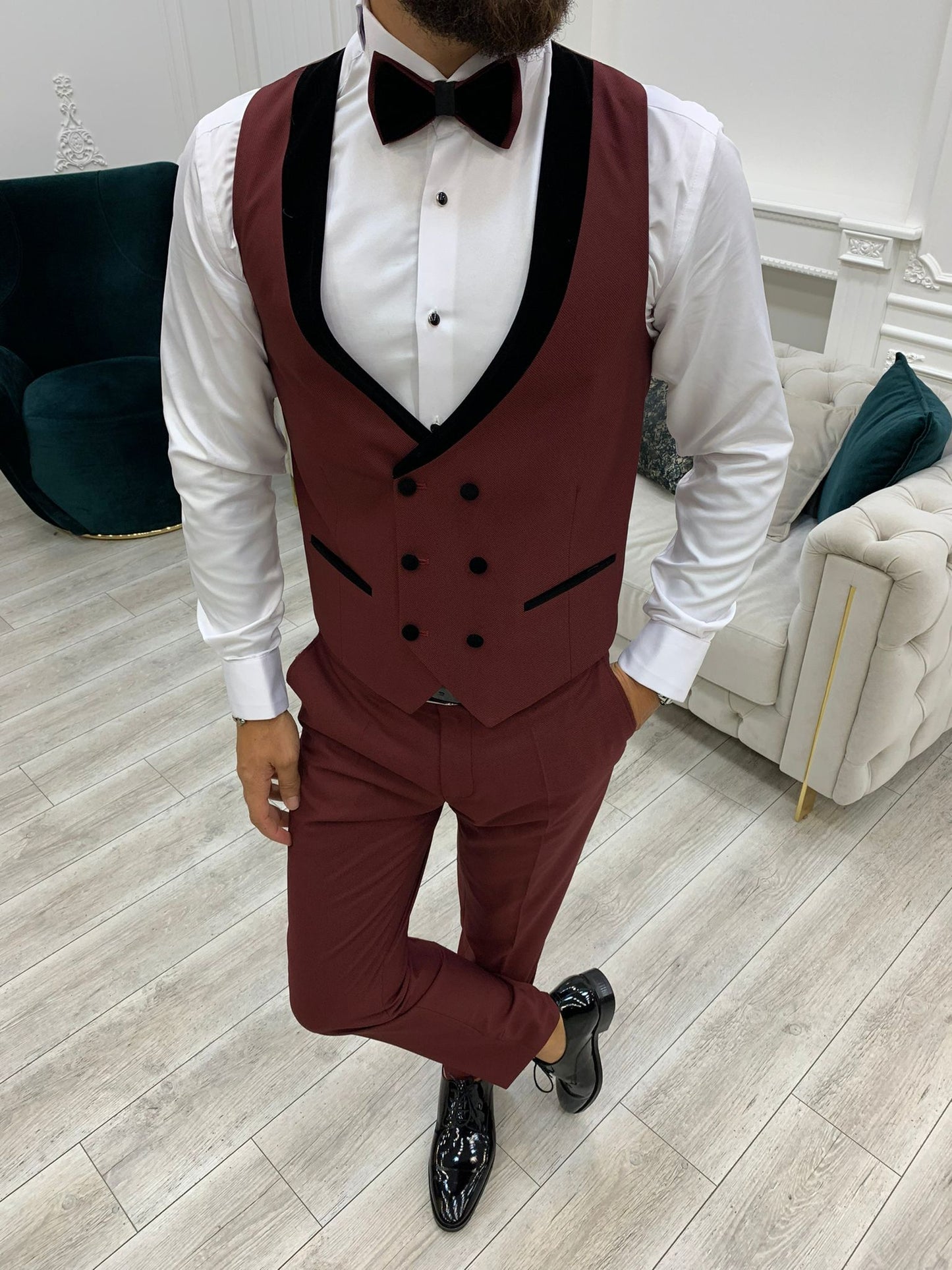 Acacia Burgundy Slim Fit Velvet Peak Lapel Tuxedo