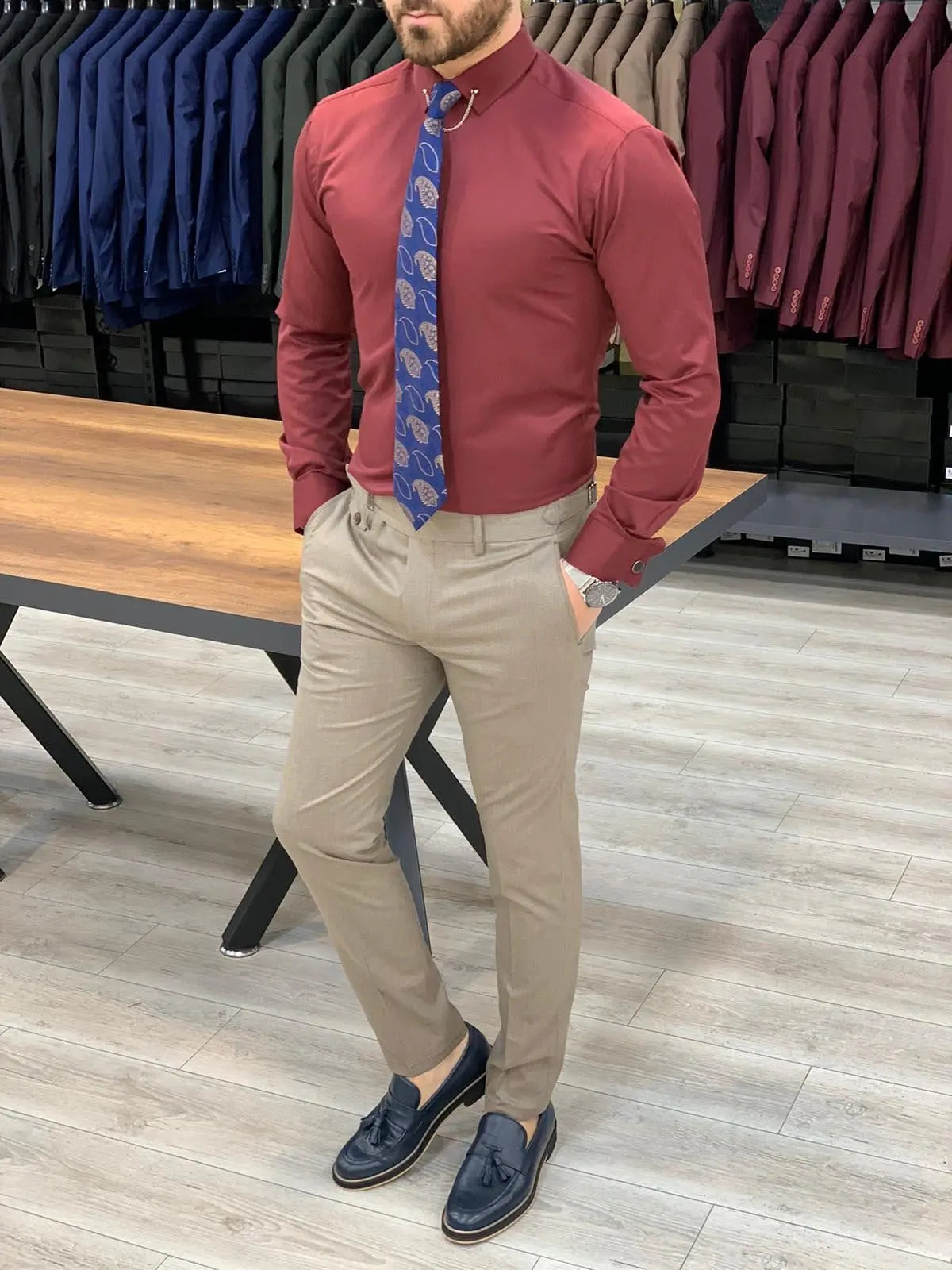 Jake Light Brown Pleated Buckled Slim Pants - BRABION