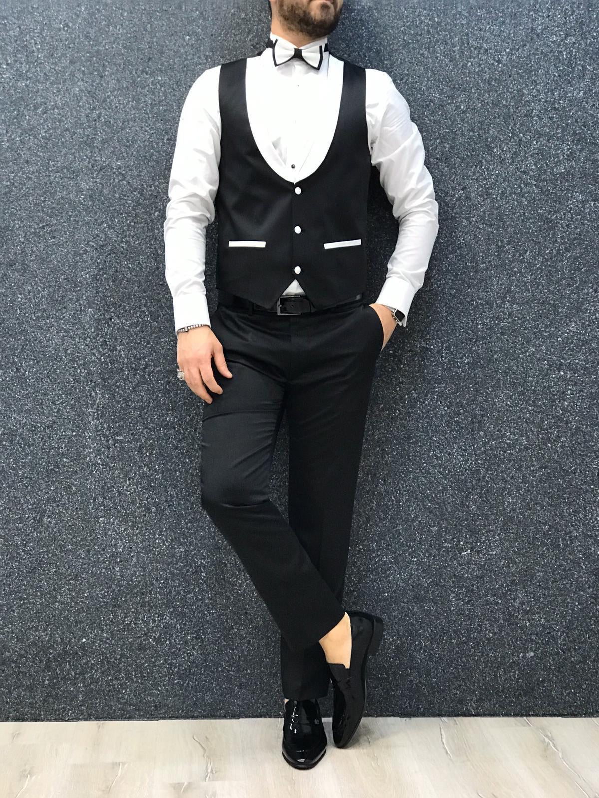 Infinite White Tuxedo with Black Vest - Timeless Elegance for Men