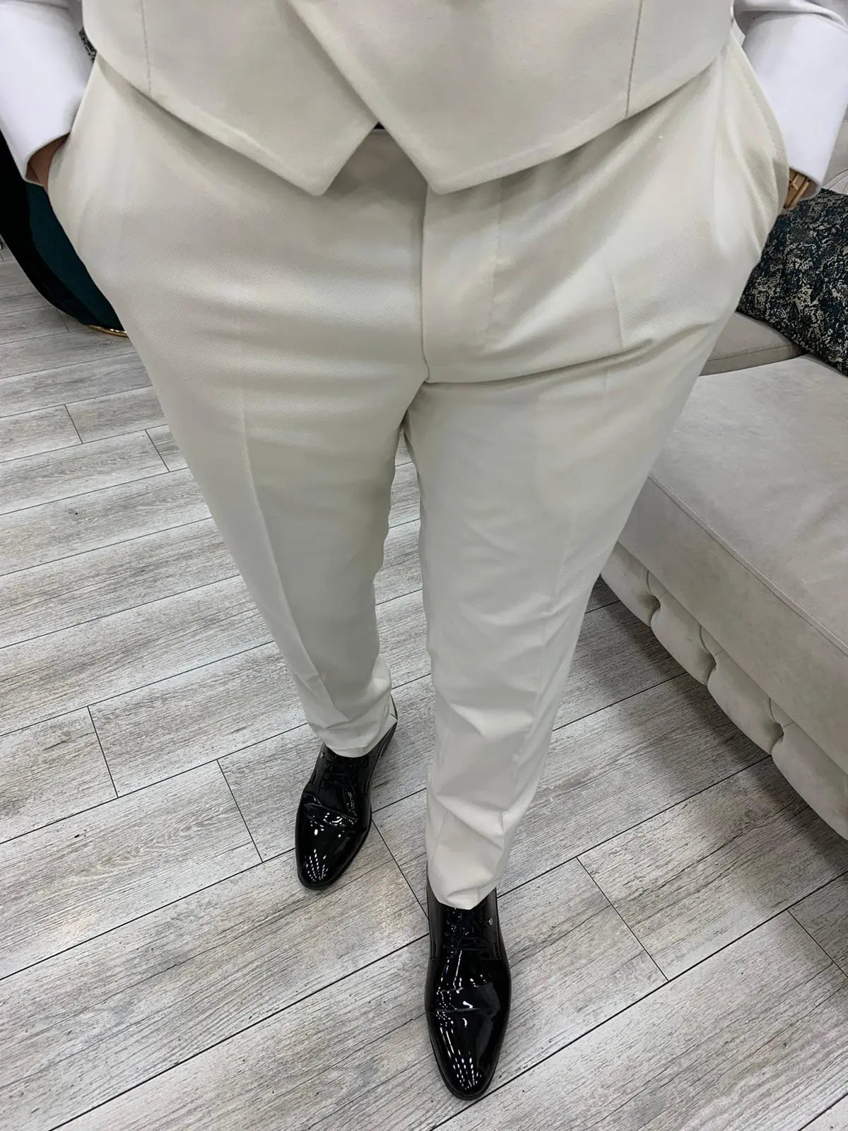 Eden Off White Slim Fit Velvet Satin Shawl Lapel Tuxedo - BRABION