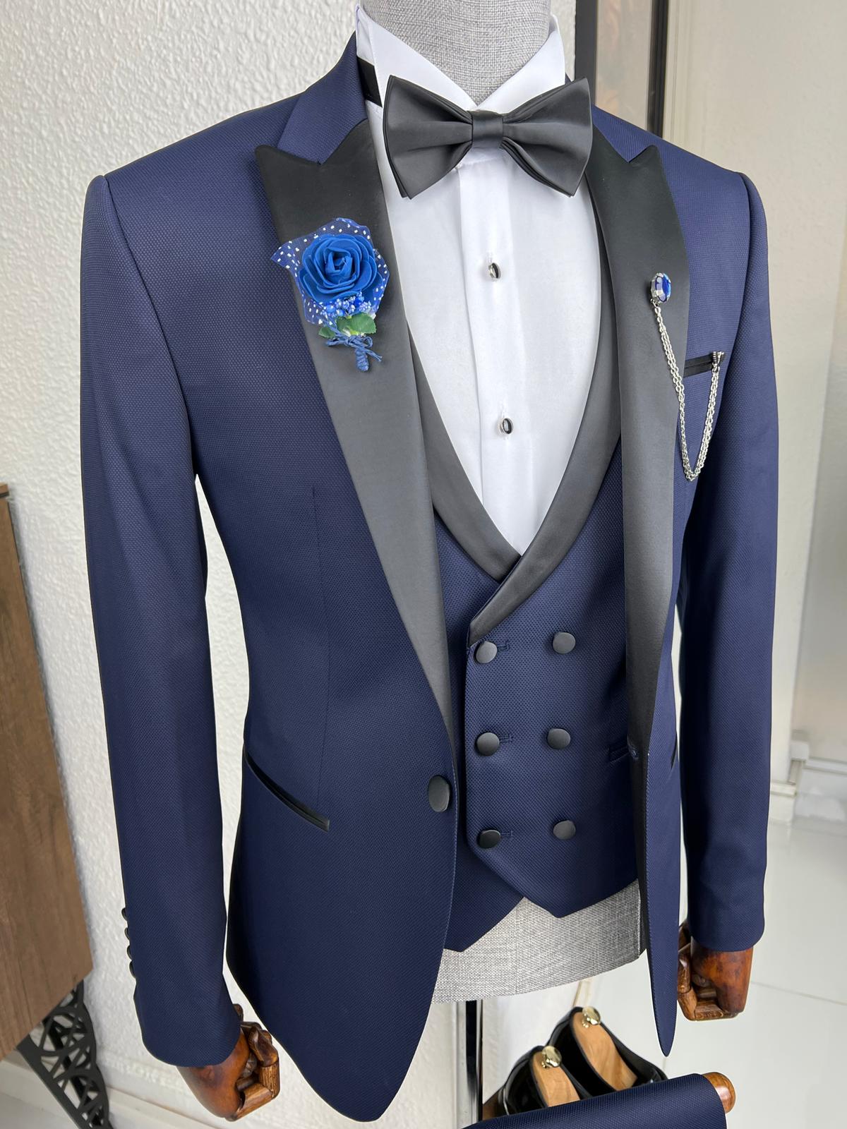 Bensen Slim Fit Patterned Navy Blue Dovetail Collared Tuxedo