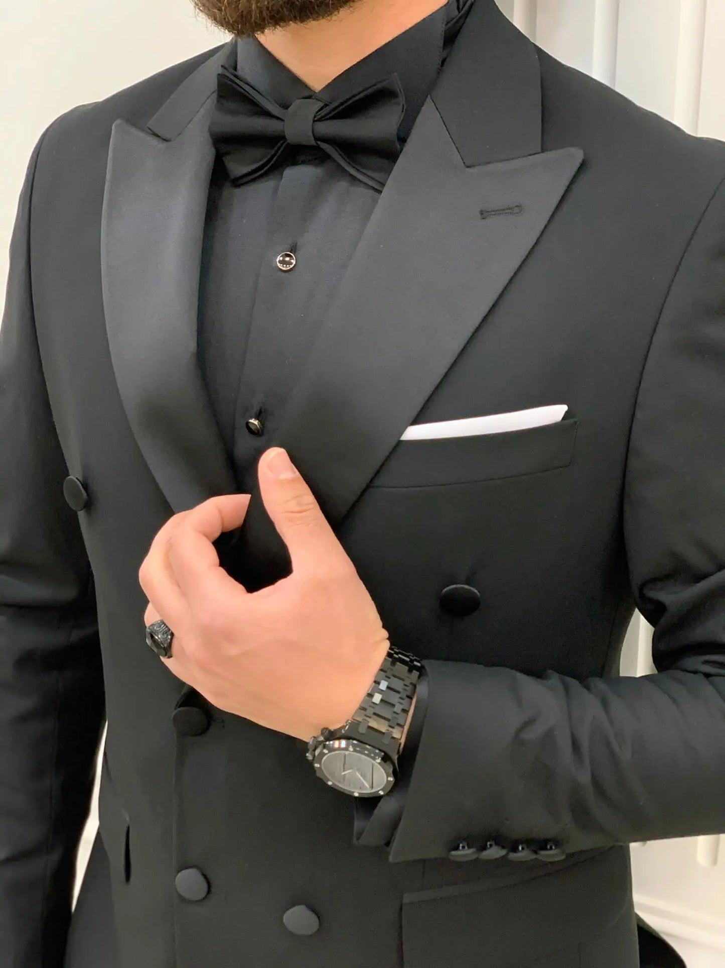 Forte Black Slim Fit Double Breasted Peak Lapel Tuxedo - BRABION