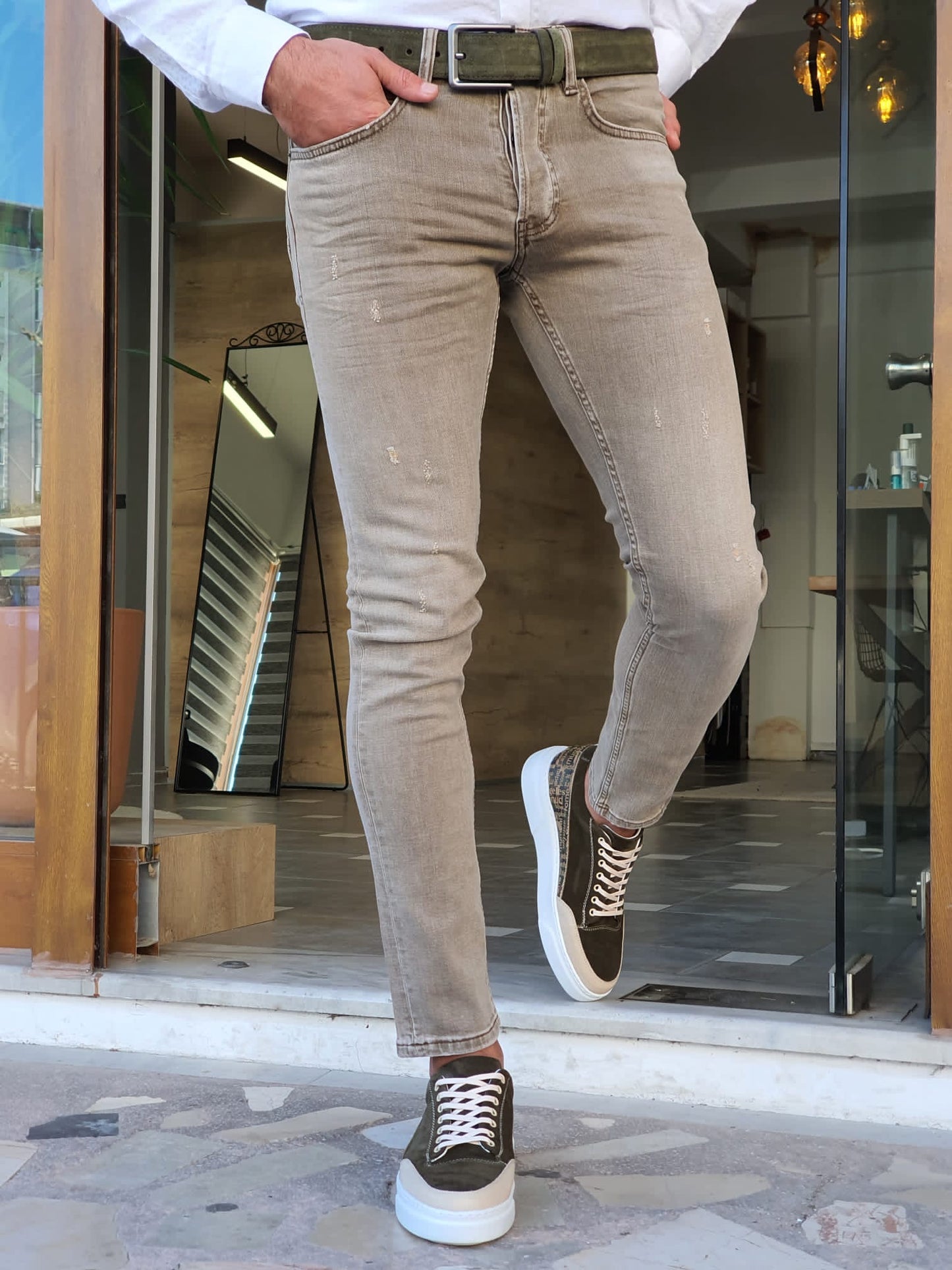 Klim Khaki Slim Fit Ripped Jeans - Stylish Versatility for Every Occasion