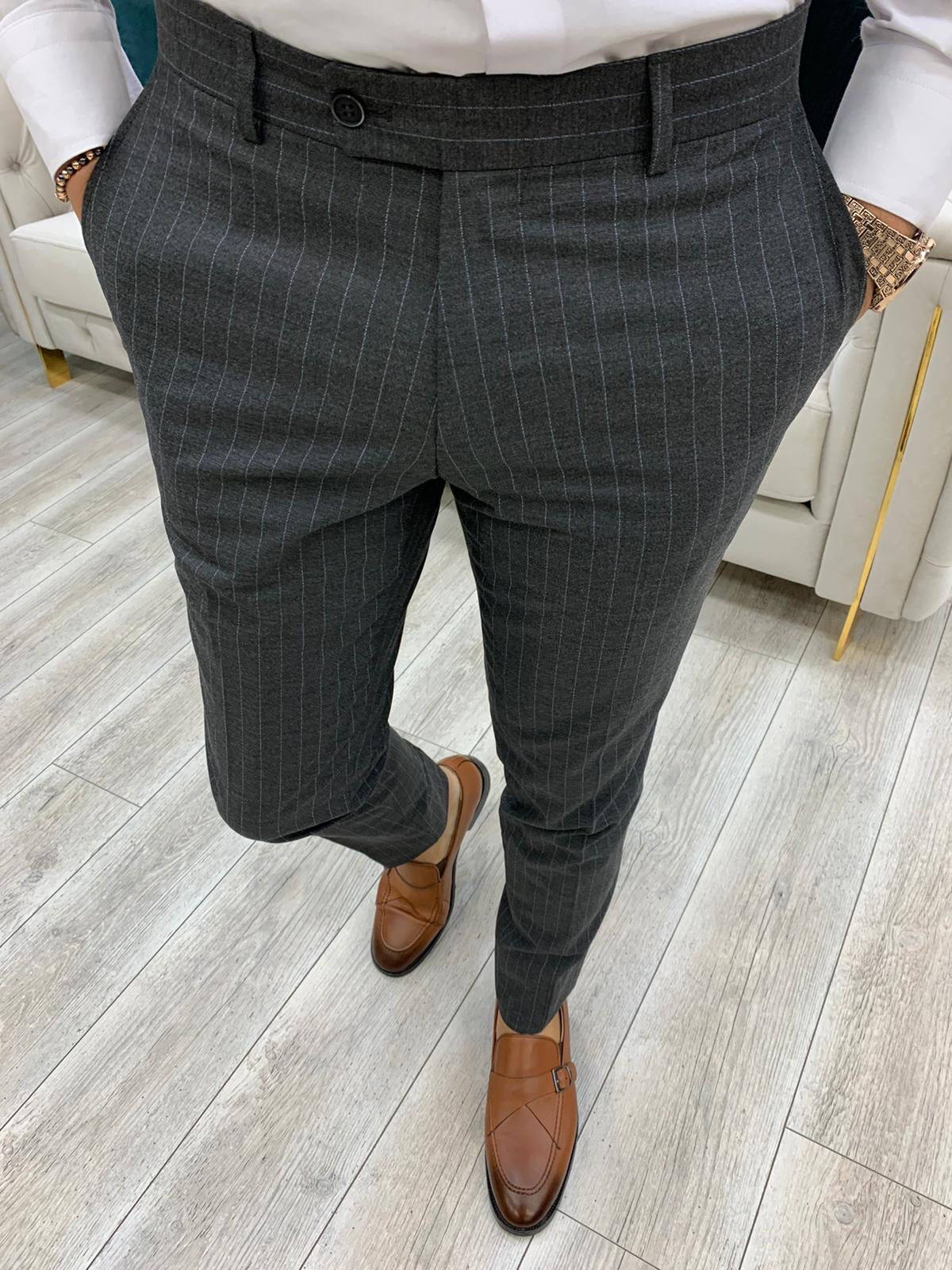 Milano Gray Slim Fit Double Breasted Pinstripe Suit