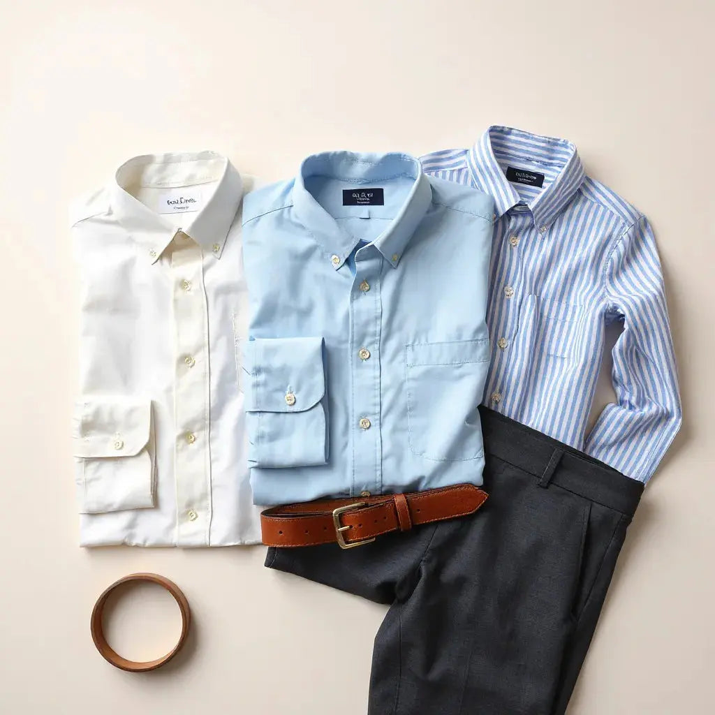 Neatly pressed Italian-style dress shirts with visible collar, cuffs, and tailored fit on a neutral background