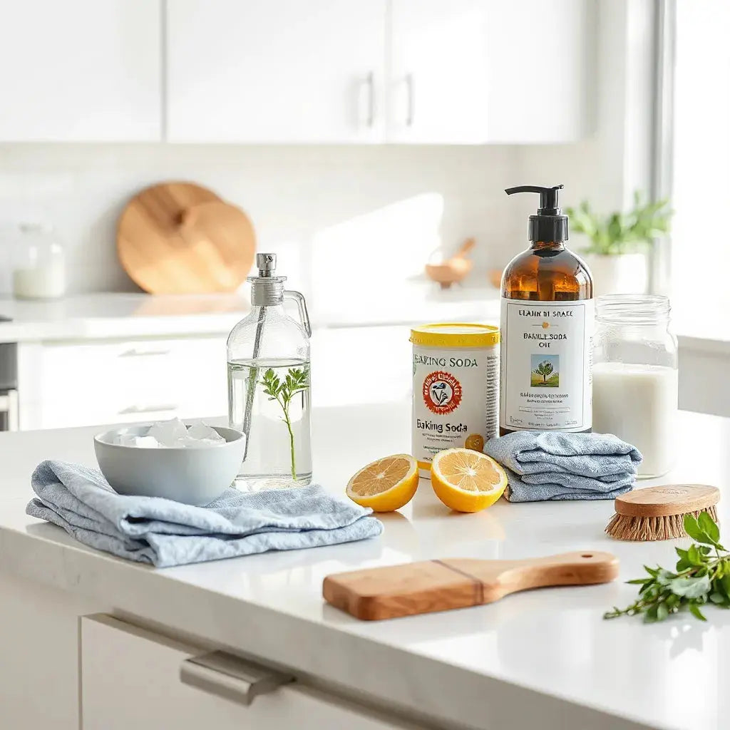 Neat assortment of natural cleaning supplies on a bright kitchen countertop with cloths, soap, and baking soda.