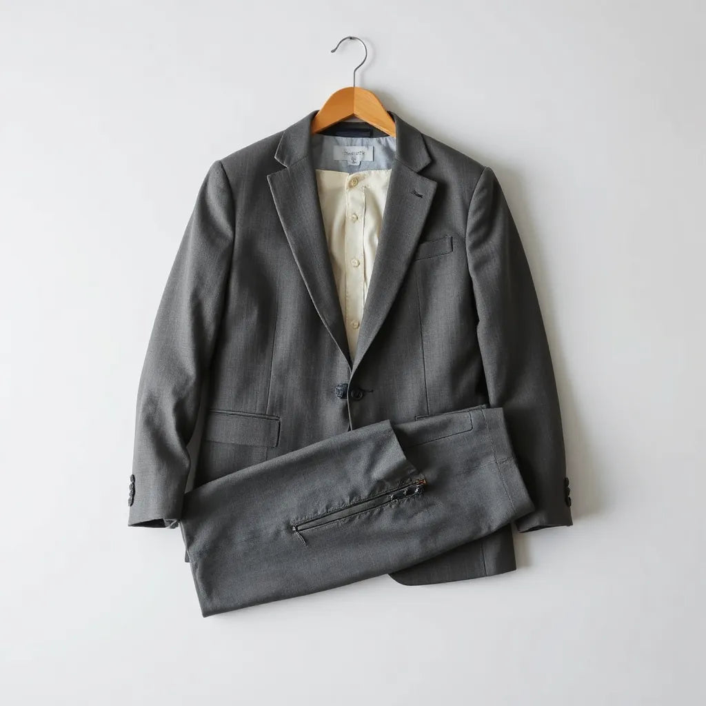 Slim-fit suit jacket and trousers neatly arranged on a hanger with crisp fabric texture