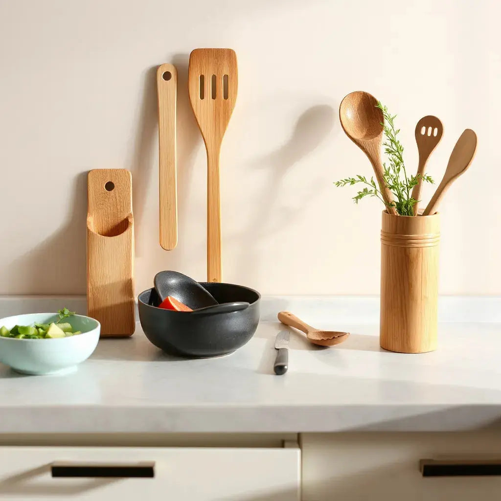 Bamboo spatula and wooden cooking tools arranged on a kitchen counter with fresh vegetables