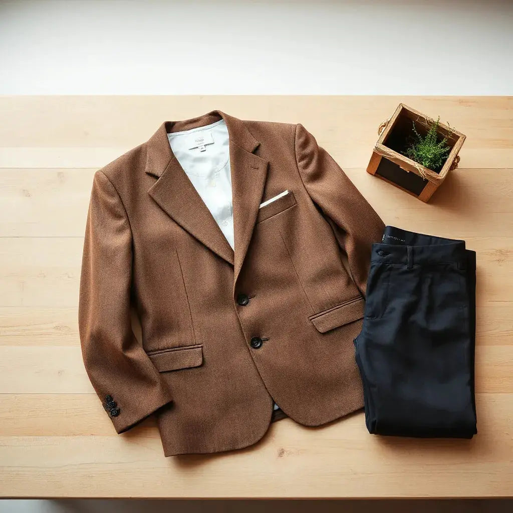 Brown double breasted blazer with a white shirt and dark trousers arranged on a clean tabletop