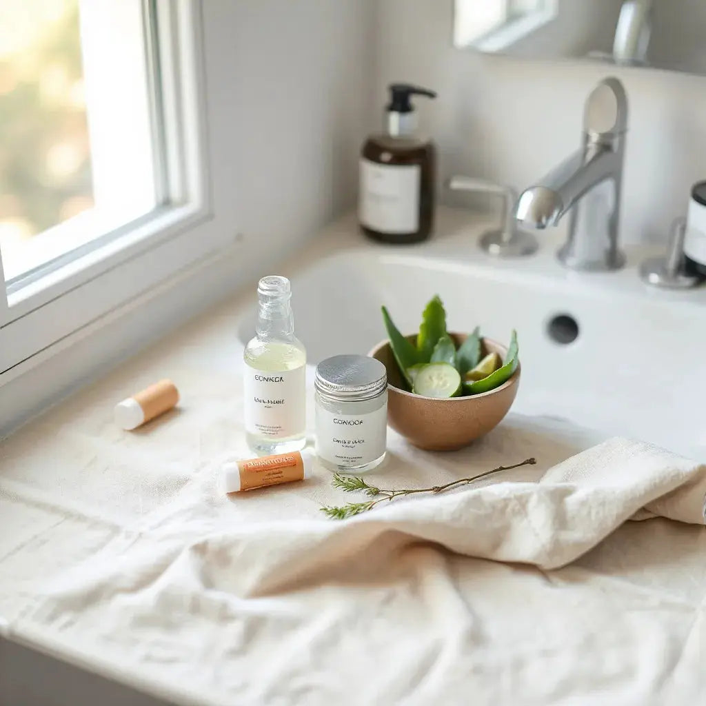 Organic skincare products and natural botanicals arranged on a clean vanity