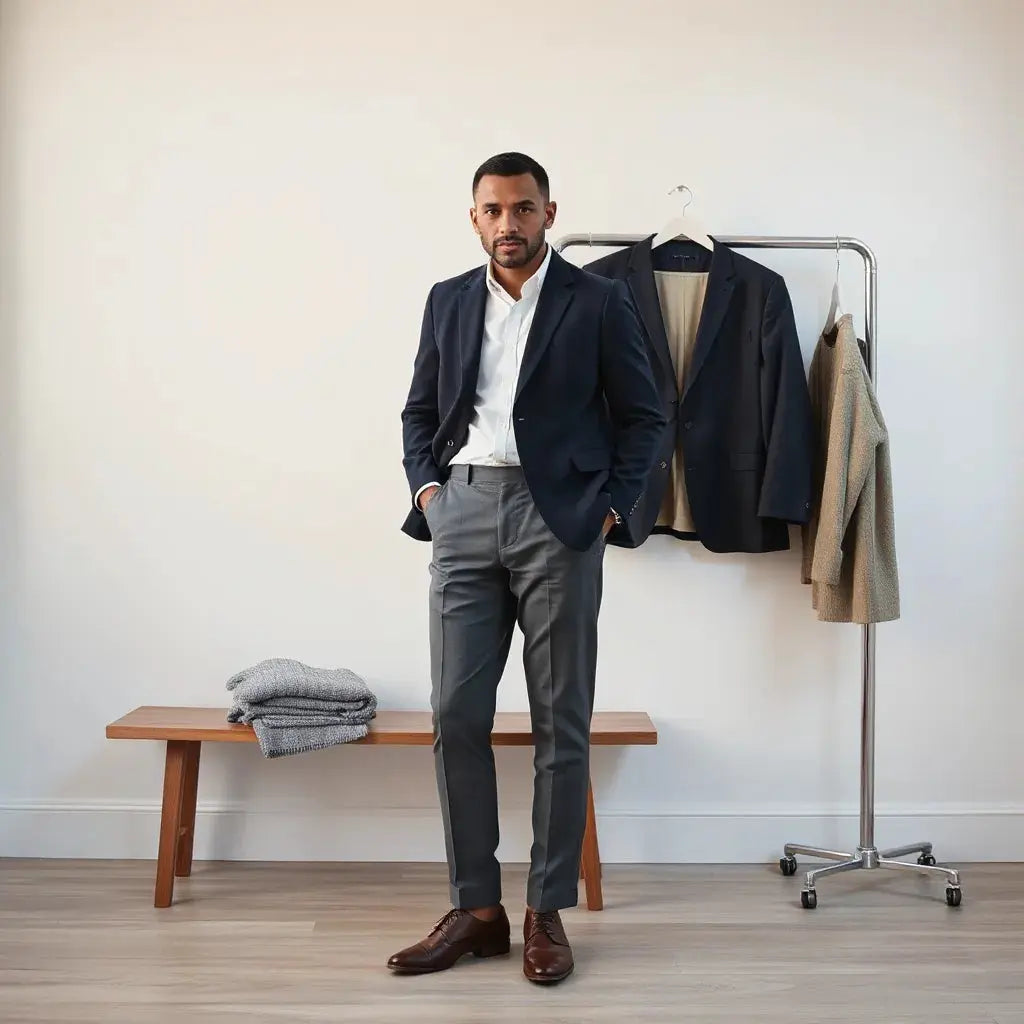 Man styling a modern blazer and tailored trousers in a clean, bright wardrobe setting