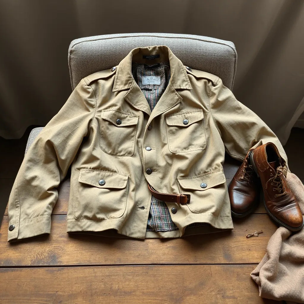 Men's vintage safari jacket with visible pockets and belt, styled with boots and a scarf on a wooden table