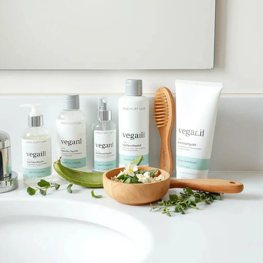 Plant-based vegan hair care products, hair brush, and fresh greenery on a tidy vanity