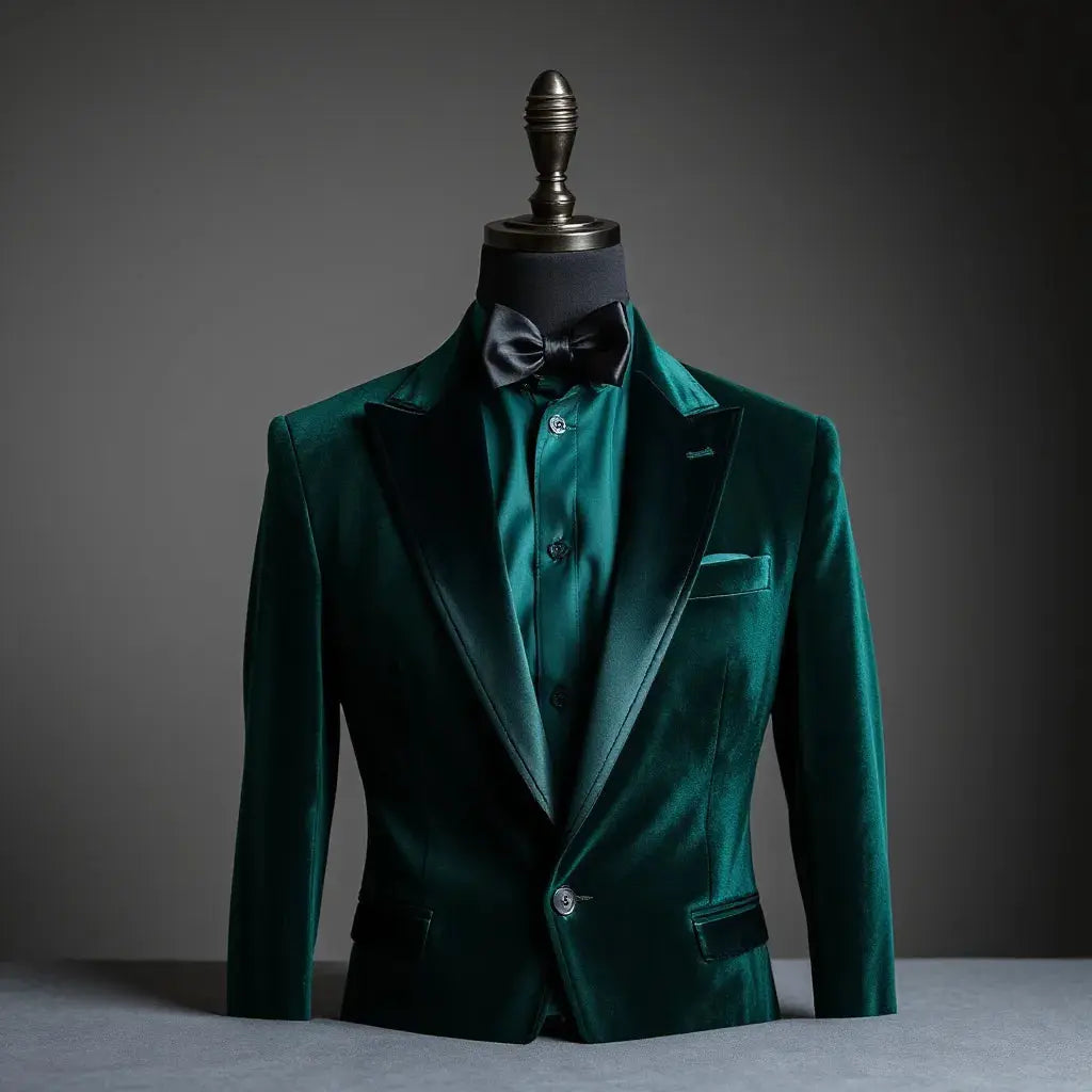 Emerald velvet slim-fit tuxedo on a mannequin with black satin bow tie and dress shirt